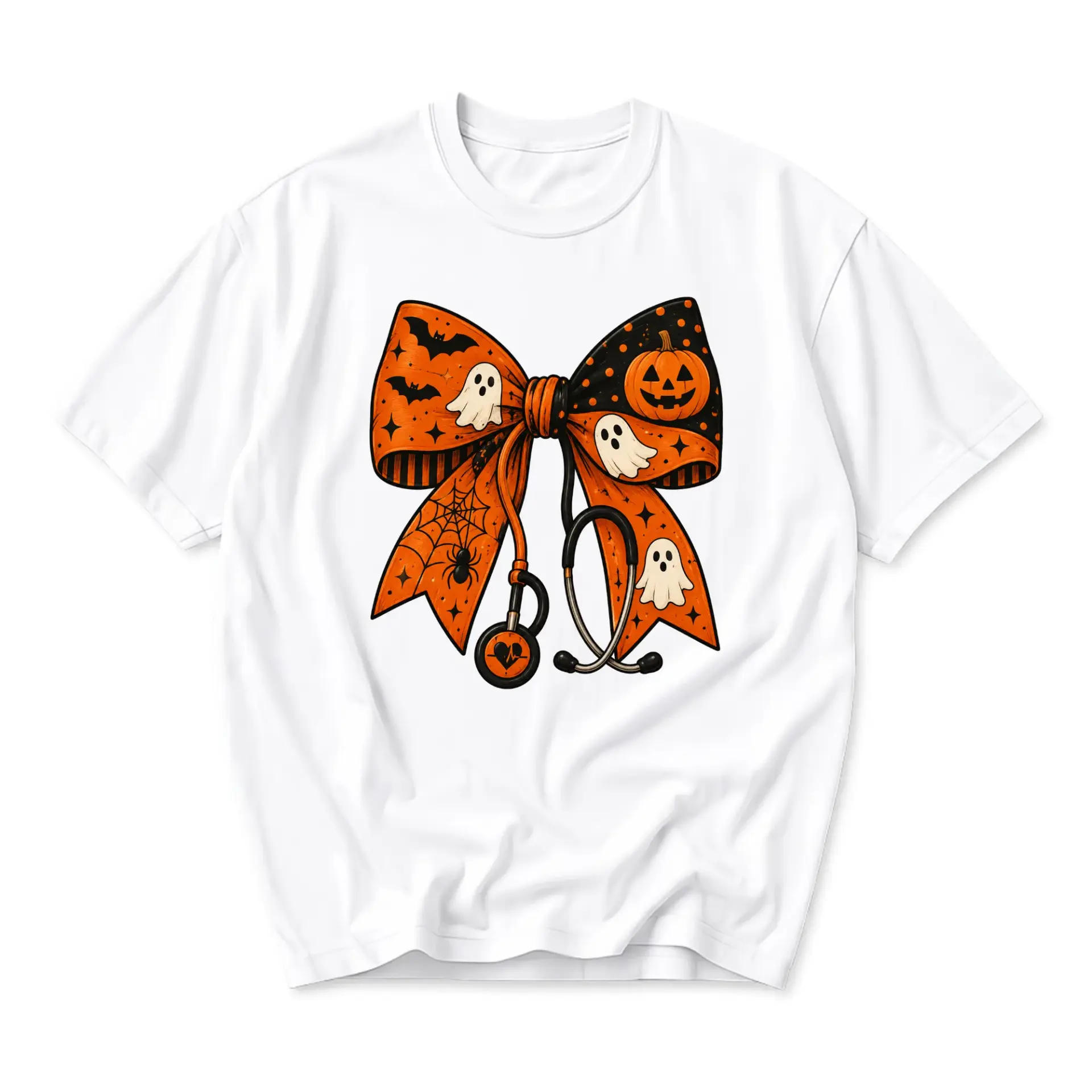 Graphic Tee Halloween Medical Bow Stethoscope Spooky Nurse Shirt Unisex Crew Neck Everyday Casual Apparel Gift Idea