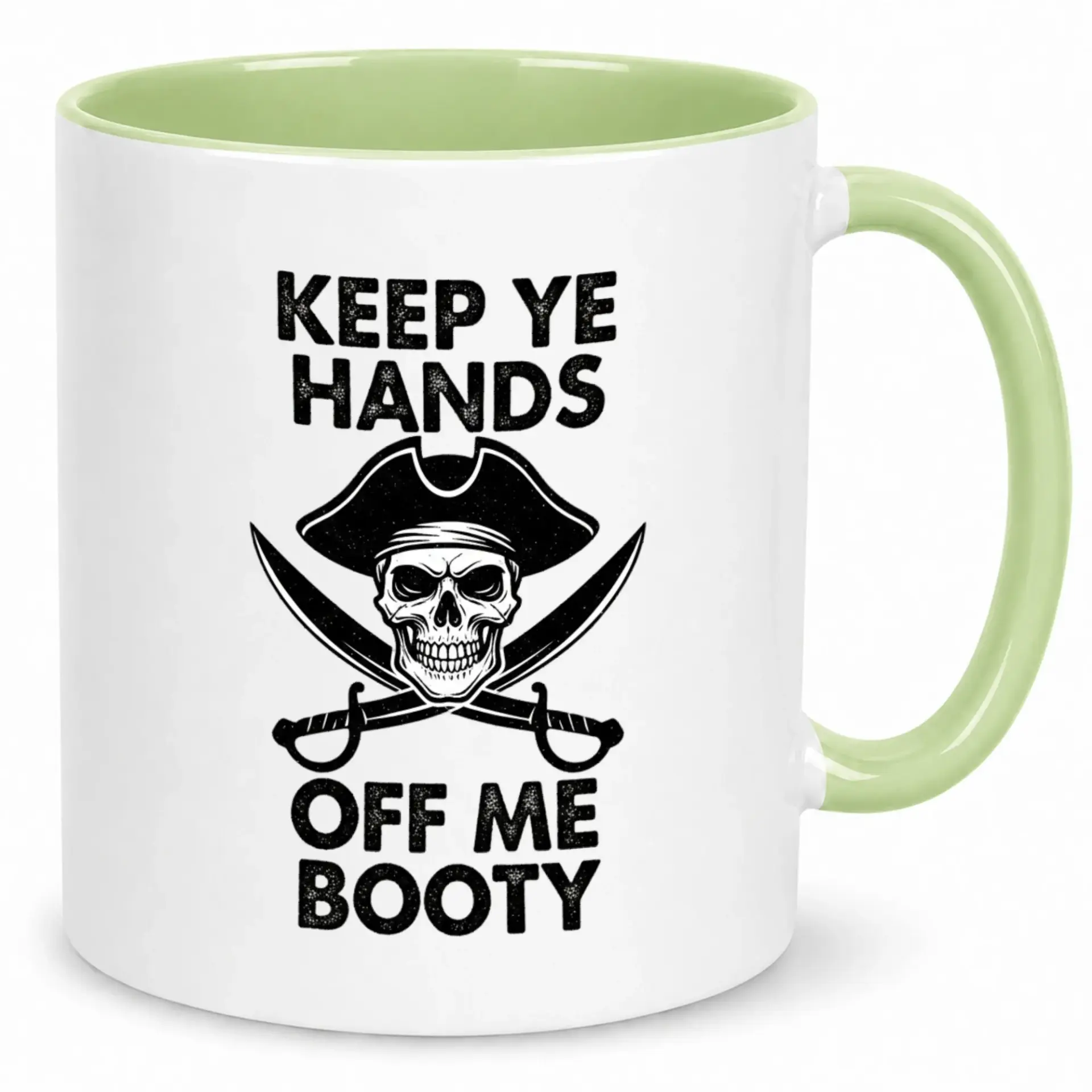 Funny Pirate Coffee Mug with Skull Design and Keep Ye Hands Off Me Booty Text, Unique Ceramic Beverage Cup for Enthusiasts, Novelty Gift