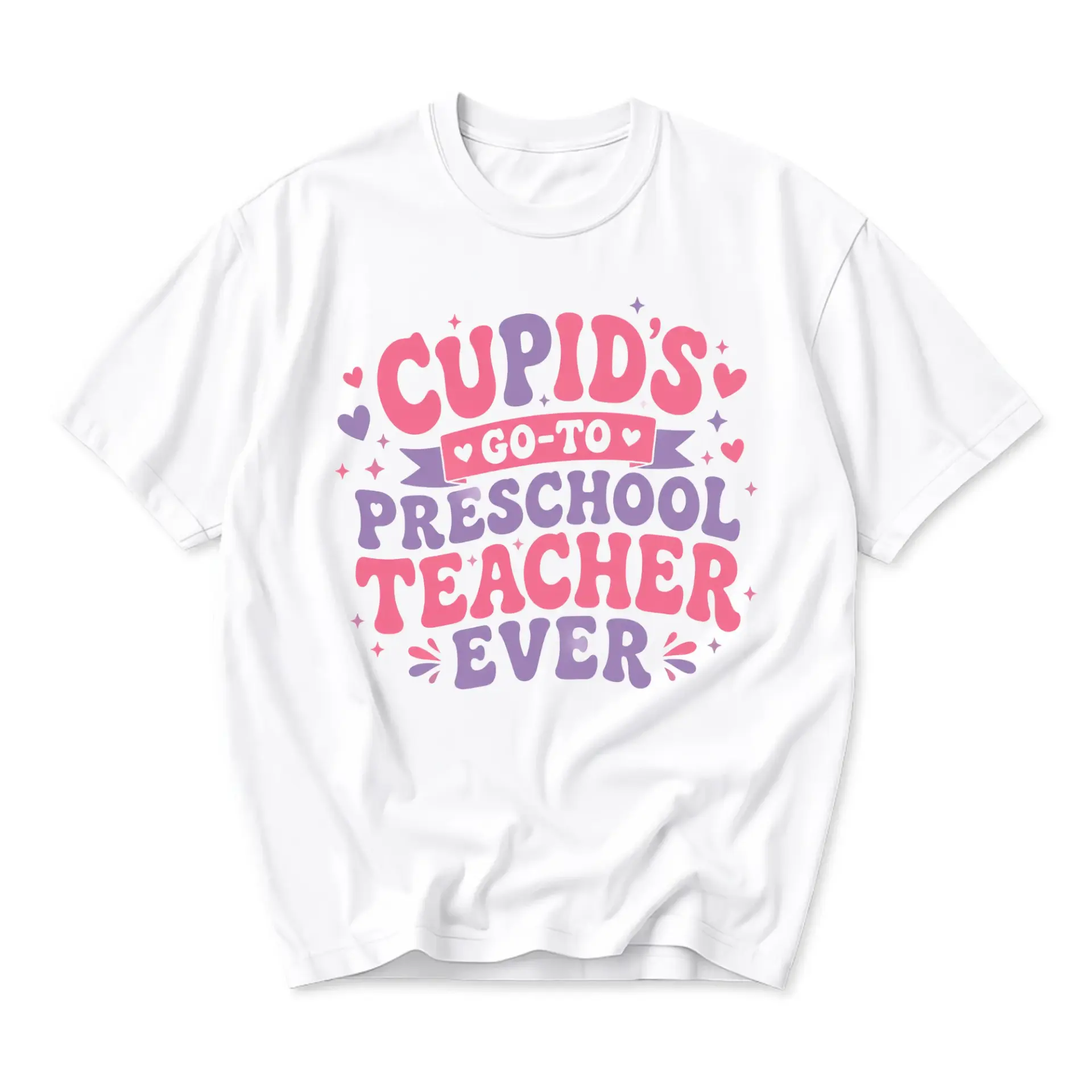 Funny Shirt Cupid's Go-To Preschool Teacher Ever Retro Graphic Tee Casual Unisex Crew Neck Short Sleeve Cotton Top