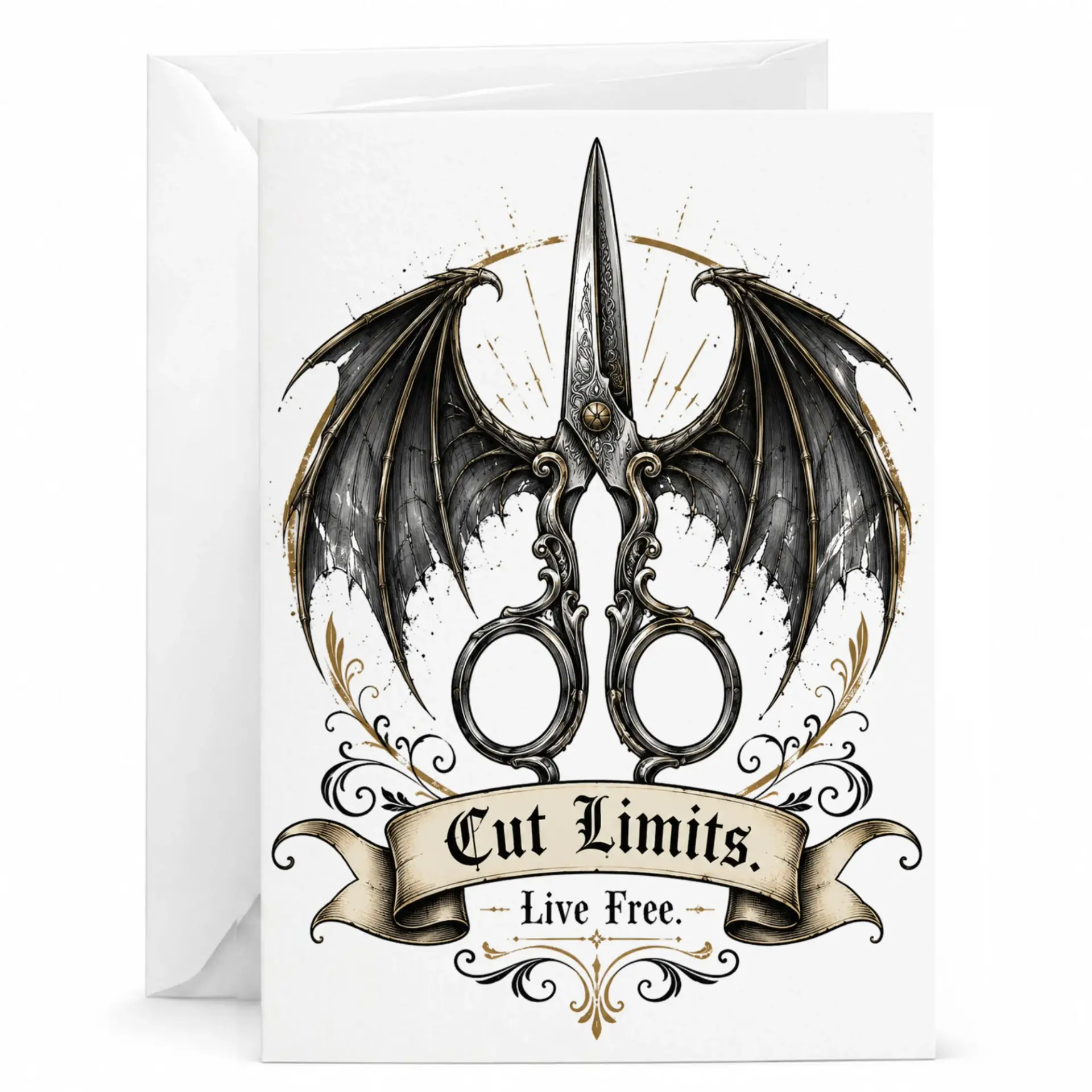 Greeting Card Cut Limits Live Gothic Scissors Illustration Professional Stationery for Personal Messages