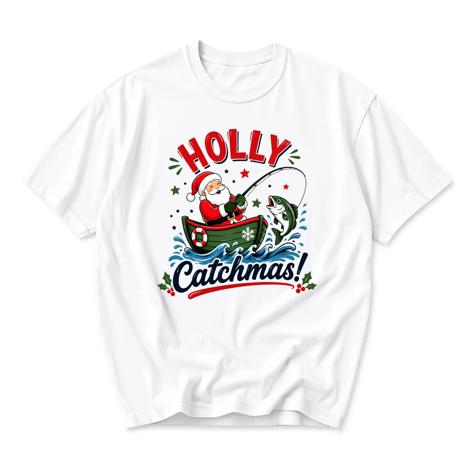 Funny Shirt Holly Catchmas Santa Fishing Graphic Tee Casual Holiday Unisex