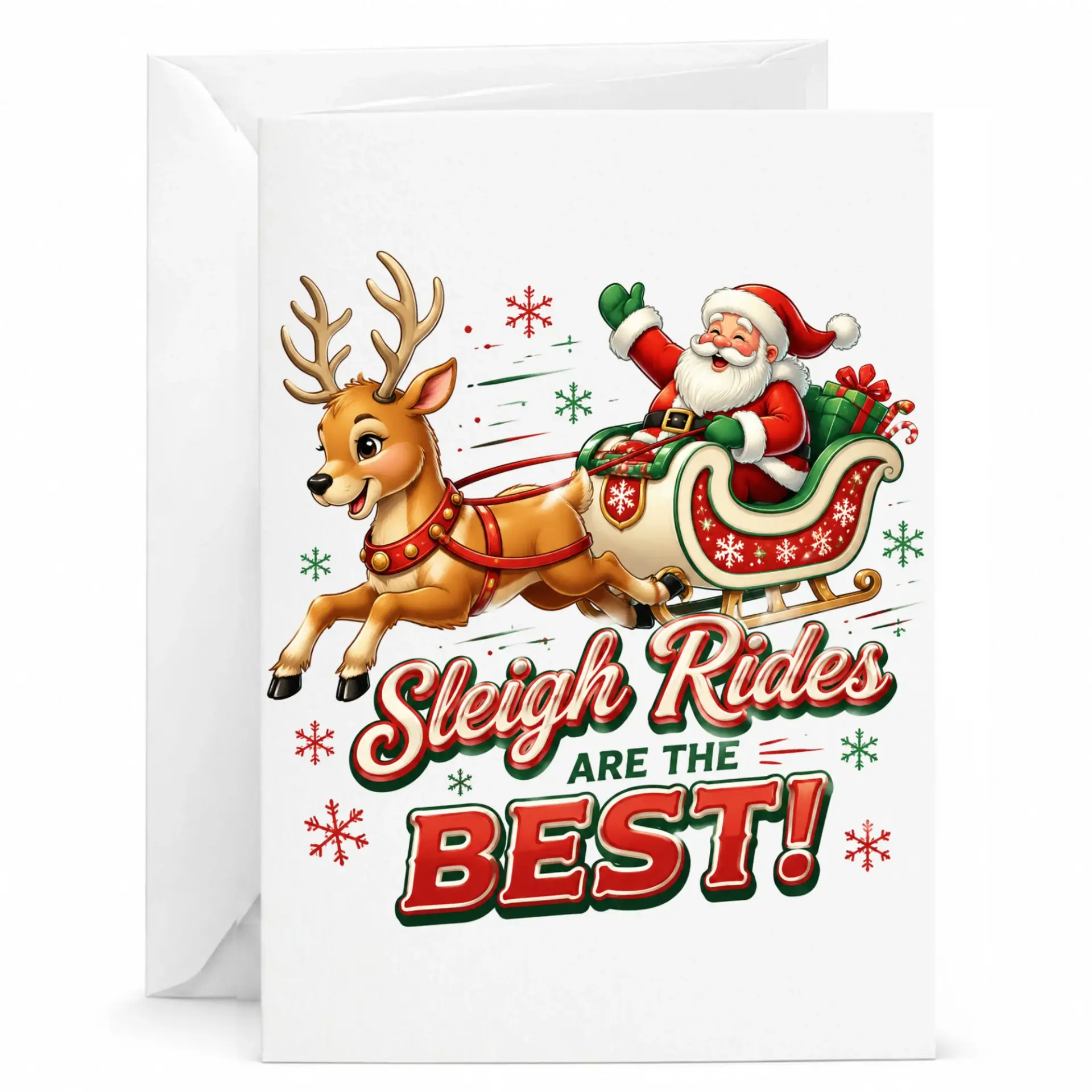 Holiday Greeting Card Sleigh Rides Are the Best Featuring Santa Claus and Reindeer Festive Season Note Paper