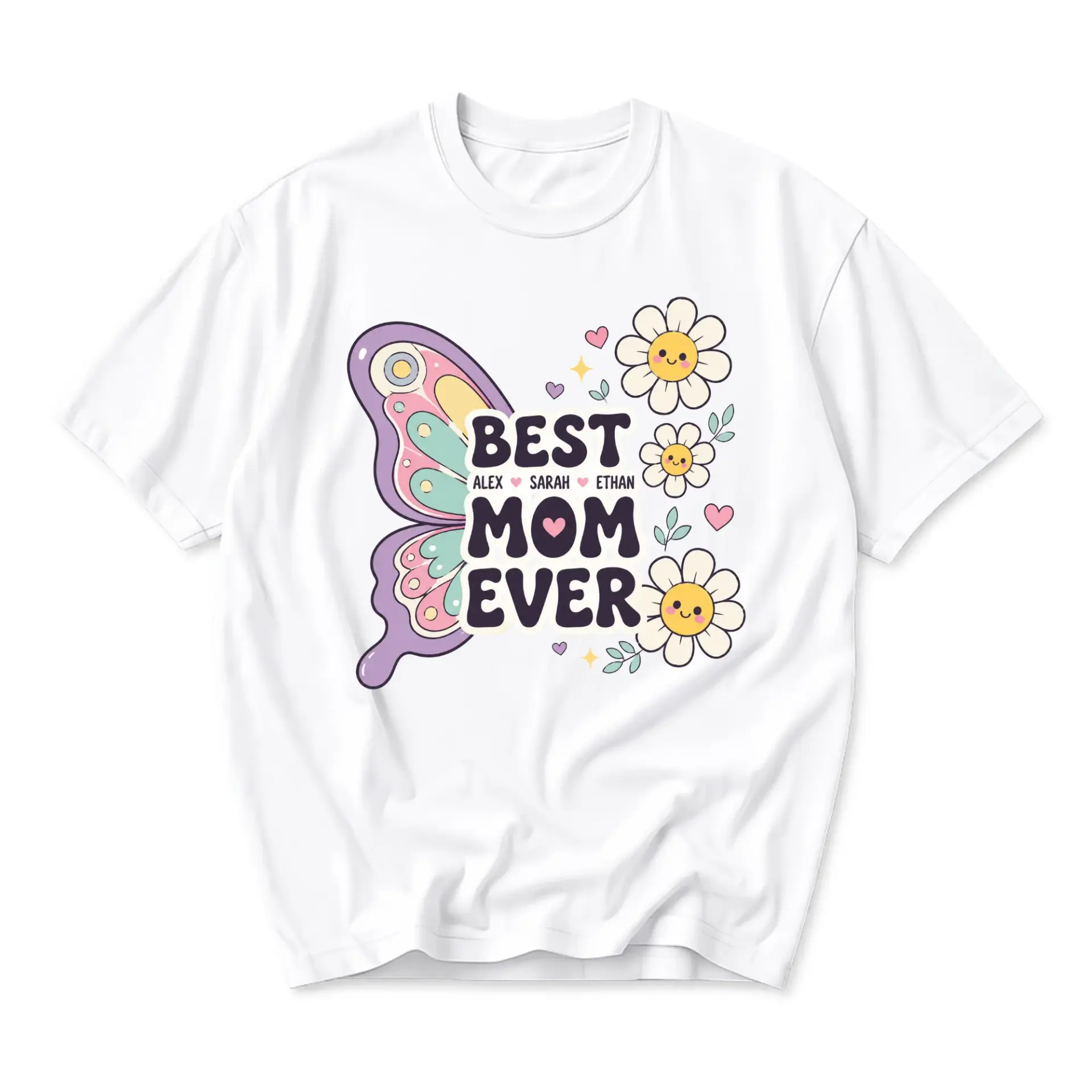 T-shirt Best Mom Ever Graphic Tee Personalized Floral Butterfly Print Casual Short Sleeve Unisex Crew Neck Top