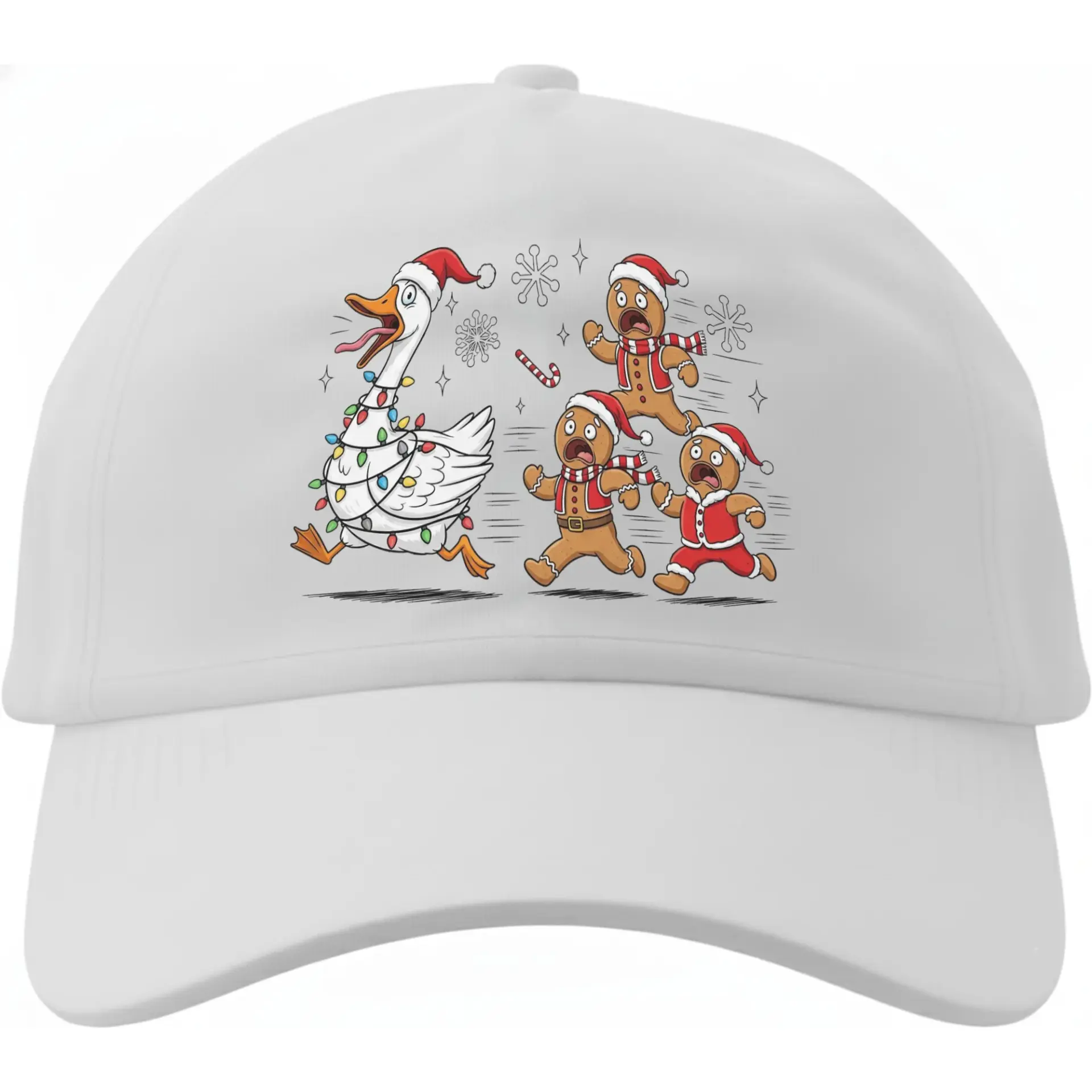 Dad Hat Christmas Goose Running from Gingerbread Men Funny Holiday Baseball Cap White Cotton Adjustable Strap