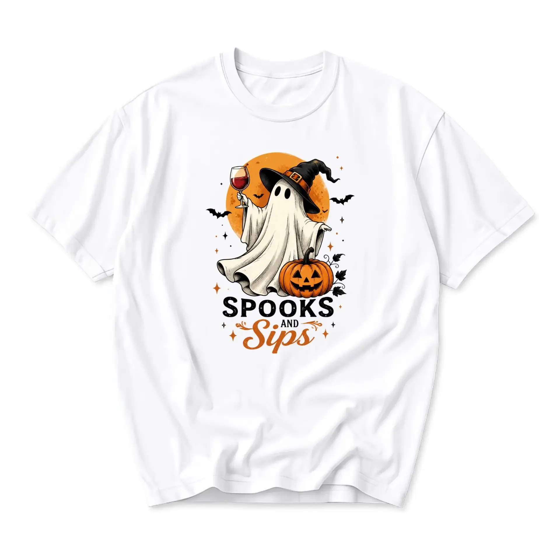 Graphic Tee Spooks and Sips Halloween Ghost with Wine Glass Unisex Cotton Blend Crew Neck Short Sleeve Shirt