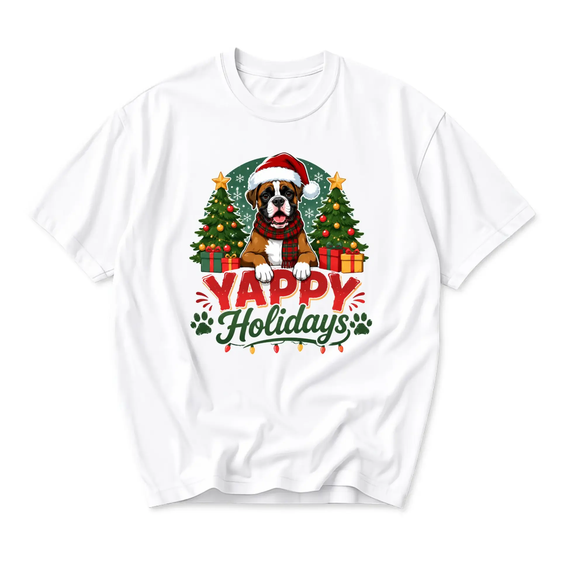 Funny Shirt Yappy Holidays Boxer Dog Christmas Graphic Tee Unisex Crew Neck Short Sleeve Casual Cotton Blend Apparel