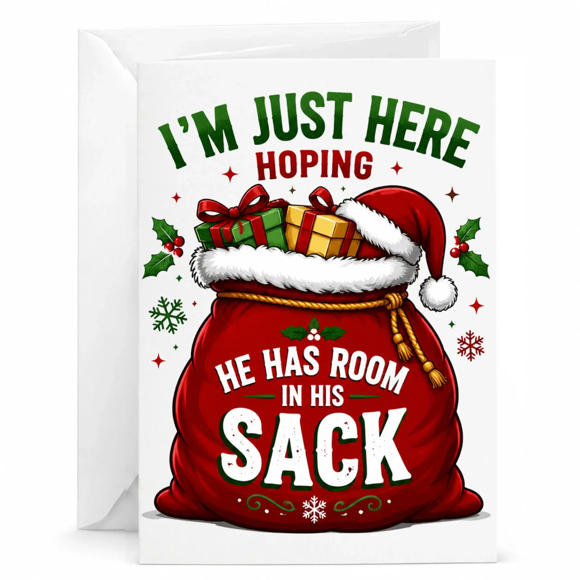 Funny Christmas Greeting Card Wishing for Room in His Sack Holiday Note Card with Matching Envelope 5x7 Inches