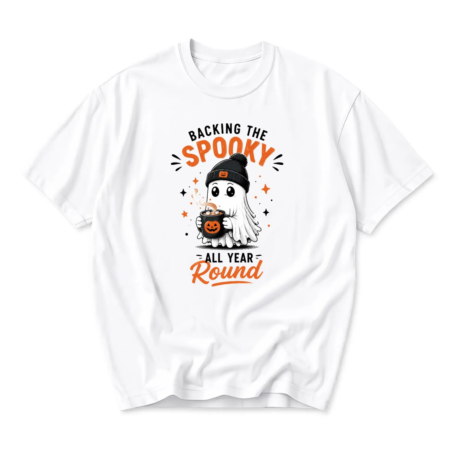 Graphic Tee Backing the Spooky All Year Round Cute Ghost in Beanie Holding Pumpkin Mug Unisex Crew Neck Shirt