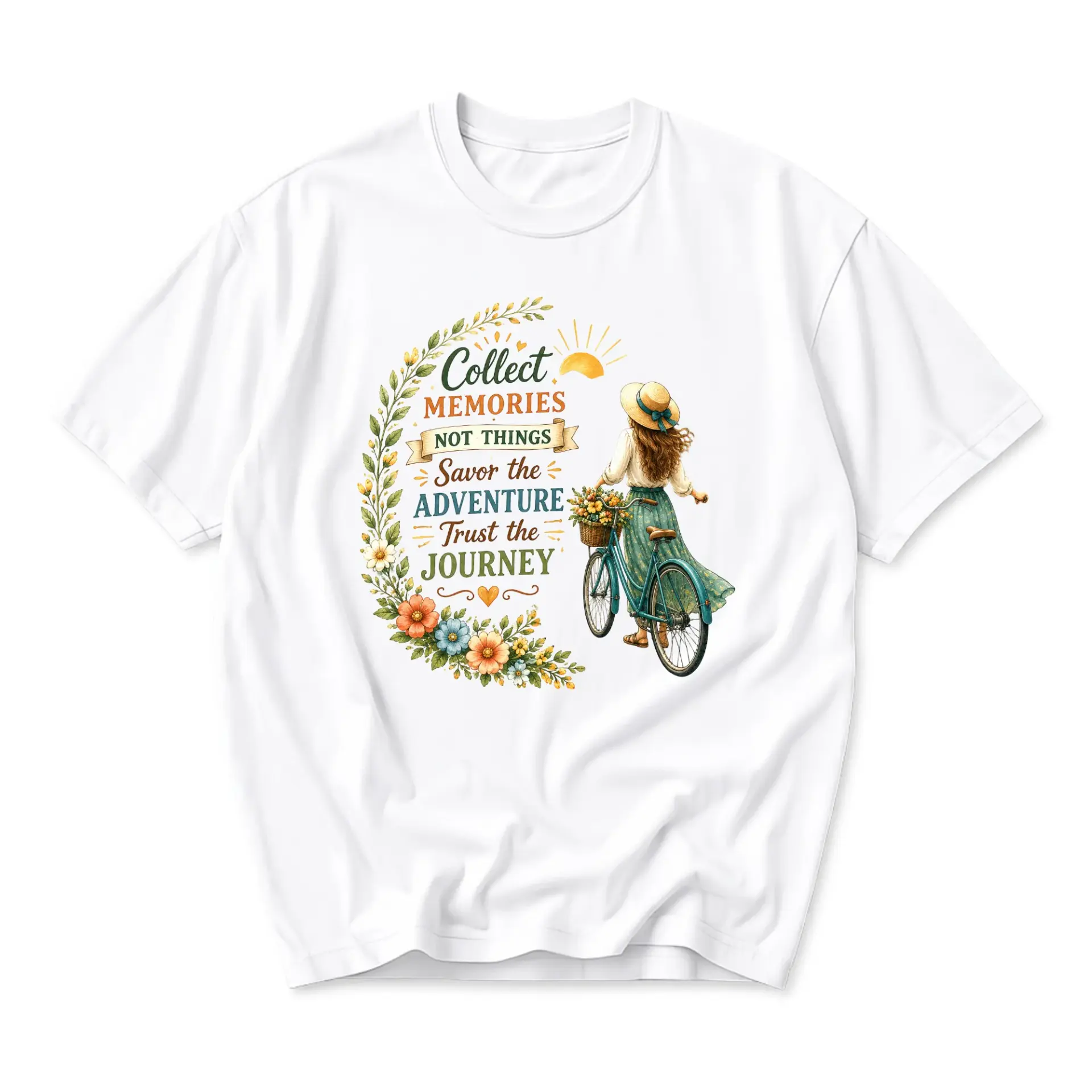 Graphic Tee Collect Memories Not Things Inspirational Quote Shirt Floral Bicycle Illustration Unisex Crew Neck Top