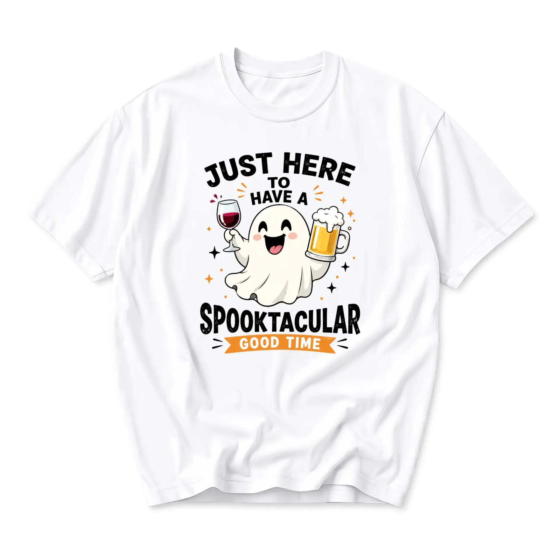 Funny Shirt Unisex Graphic Printed T-Shirt Featuring a Ghost Holding a Wine Glass and a Beer Mug Spooktacular Design
