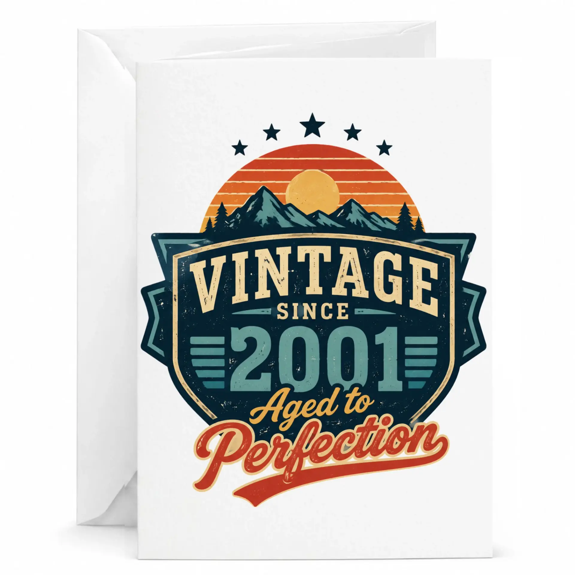 Birthday Card Vintage Since 2001 Aged to Perfection Greeting Card Retro Mountain Sunset Design for Milestone Celebrations