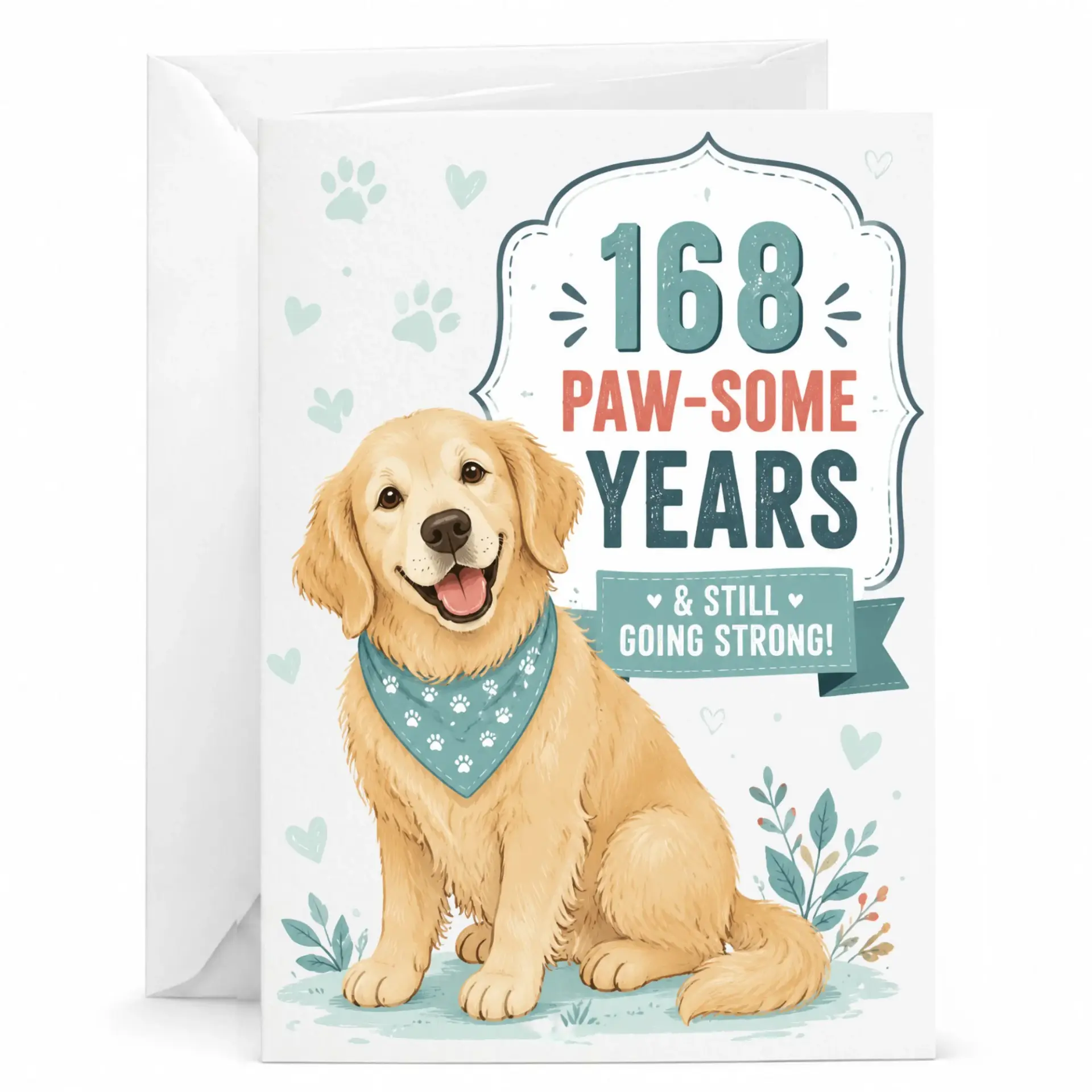 Funny Dog Birthday Card 168 Paw-Some Years Anniversary Greeting Card for Golden Retriever Lovers with Matching Envelope