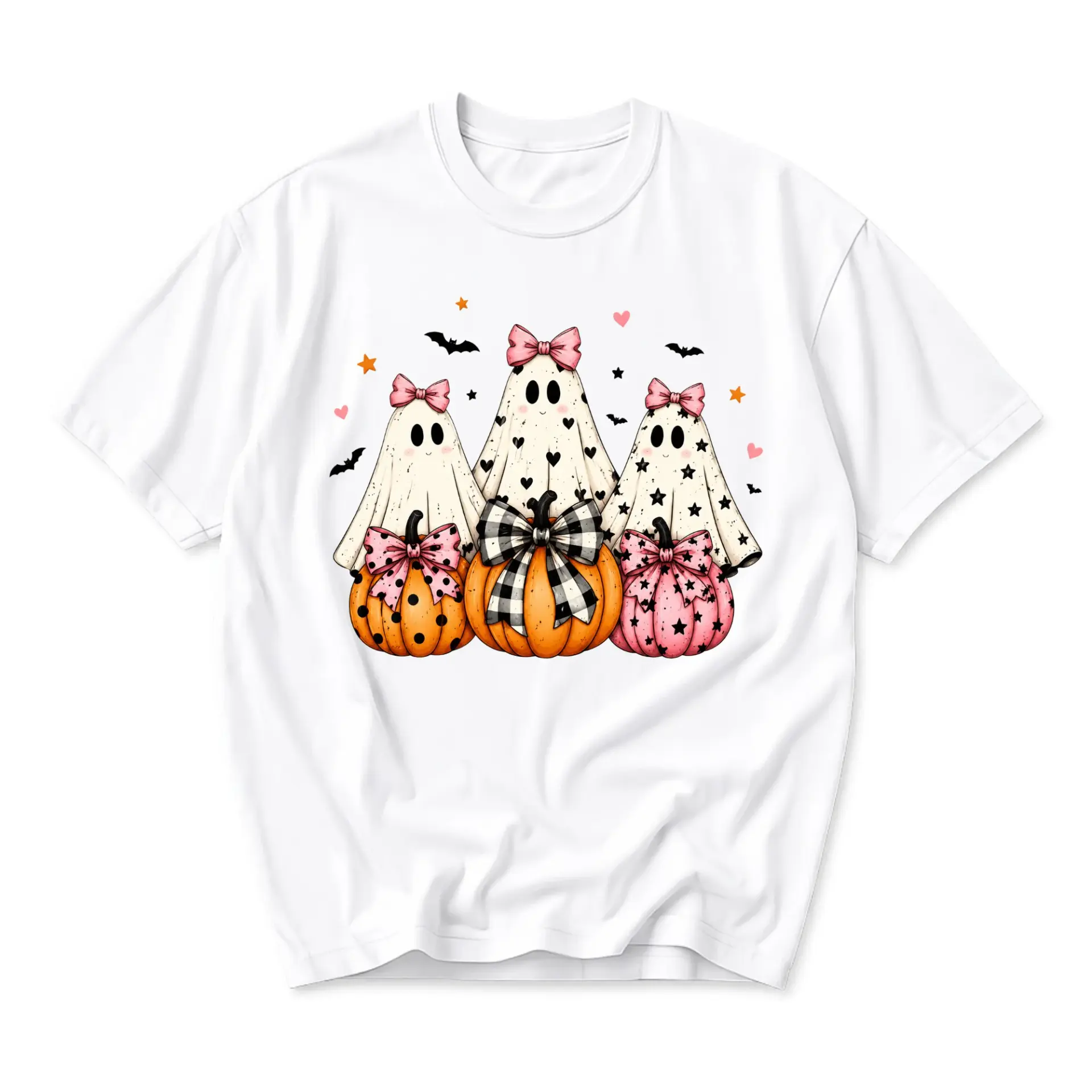 Graphic Tee Cute Ghosts with Pumpkins Print Unisex Short Sleeve Crew Neck Cotton Blend Casual Fall Holiday Shirt