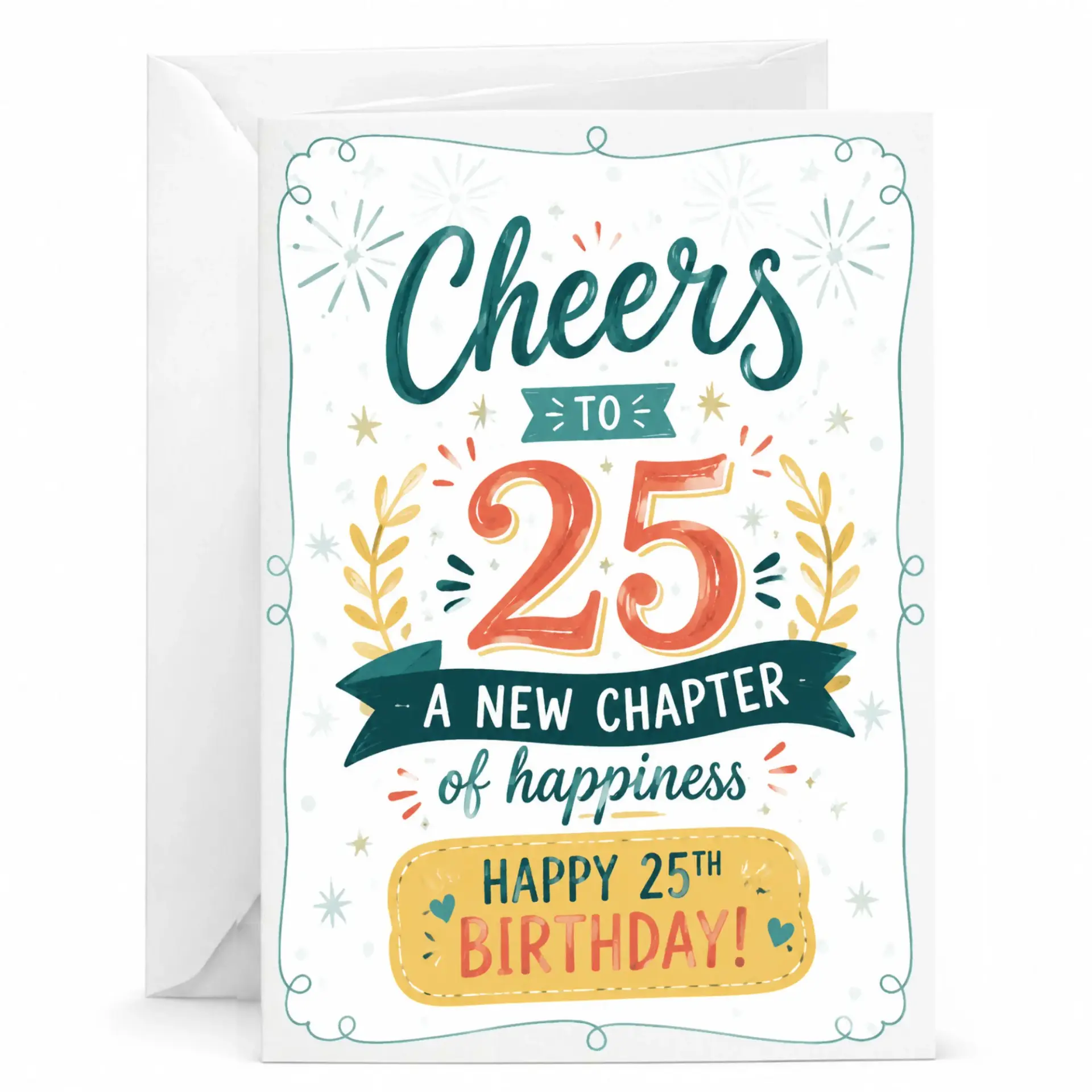 Birthday Card Cheers to 25 Years a New Chapter of Happiness Decorative Greeting Card for Twenty Fifth Birthday Celebration