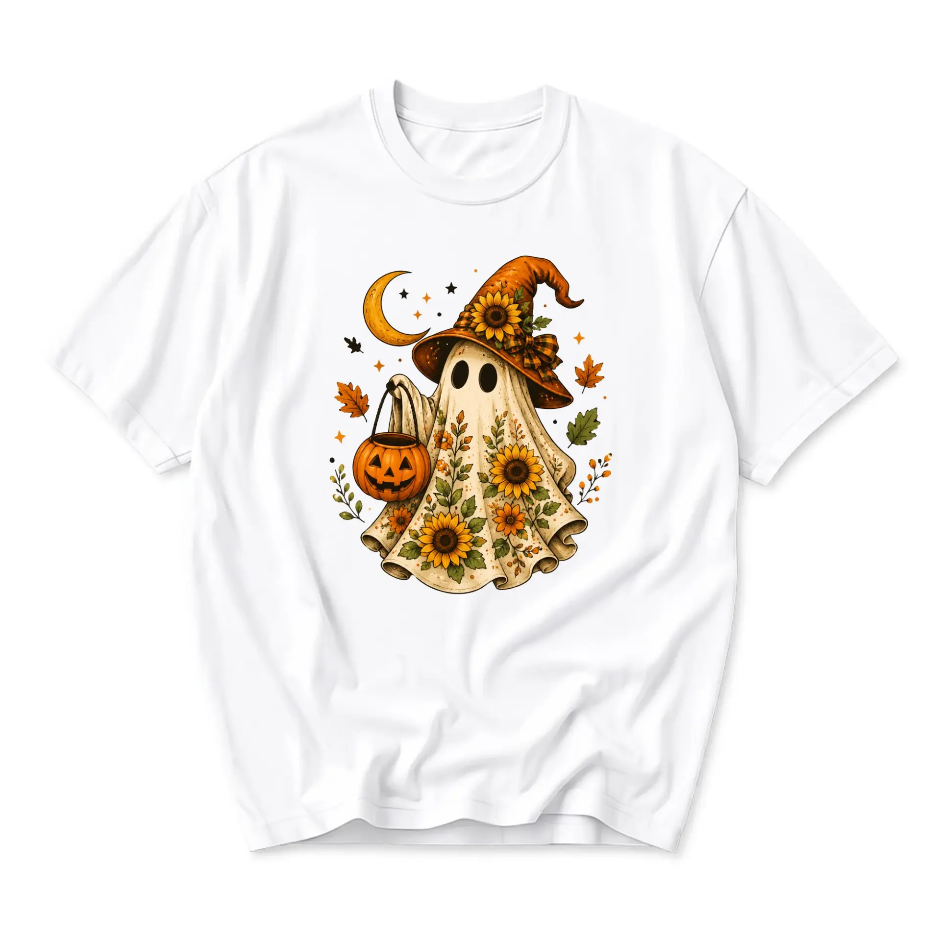 Graphic Tee Sunflower Ghost Halloween Shirt for Autumn Casual Wear Seasonal Fall Graphic Printed Unisex Crew Neck T-Shirt