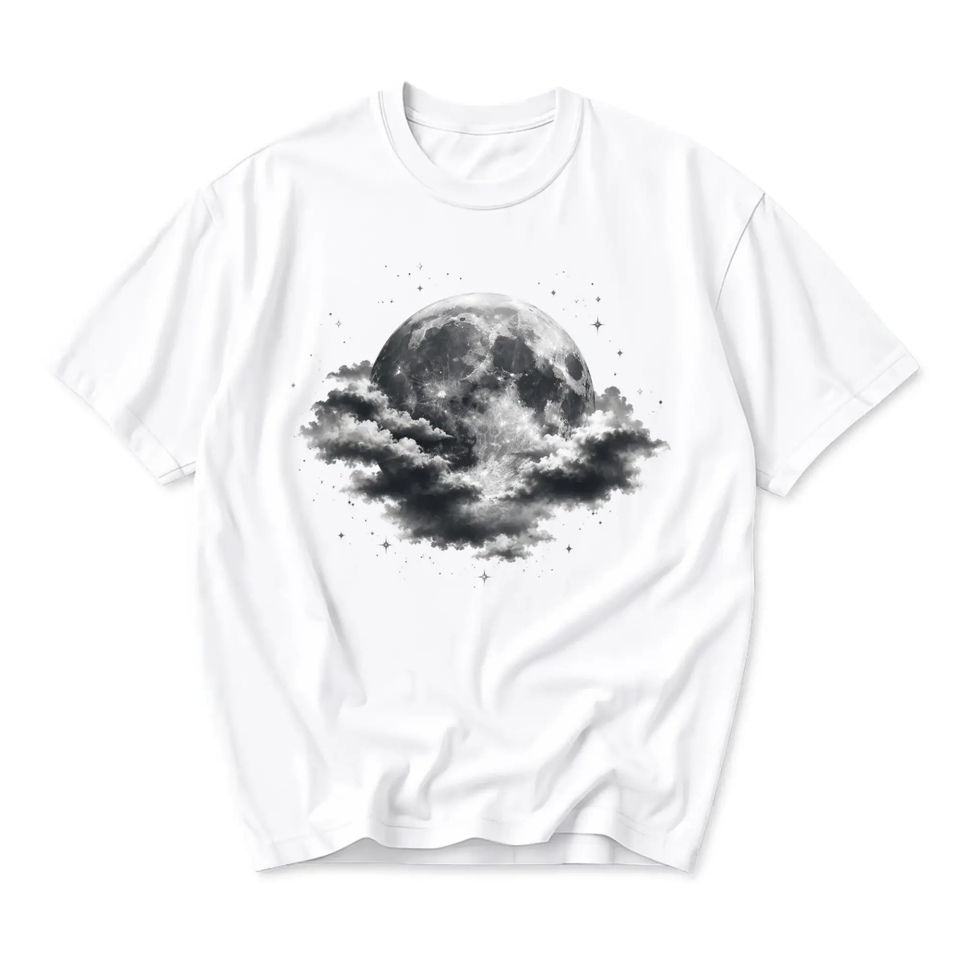 Graphic Tee Celestial Full Moon and Clouds Art Print Unisex Crew Neck Cotton Blend Casual Short Sleeve Shirt