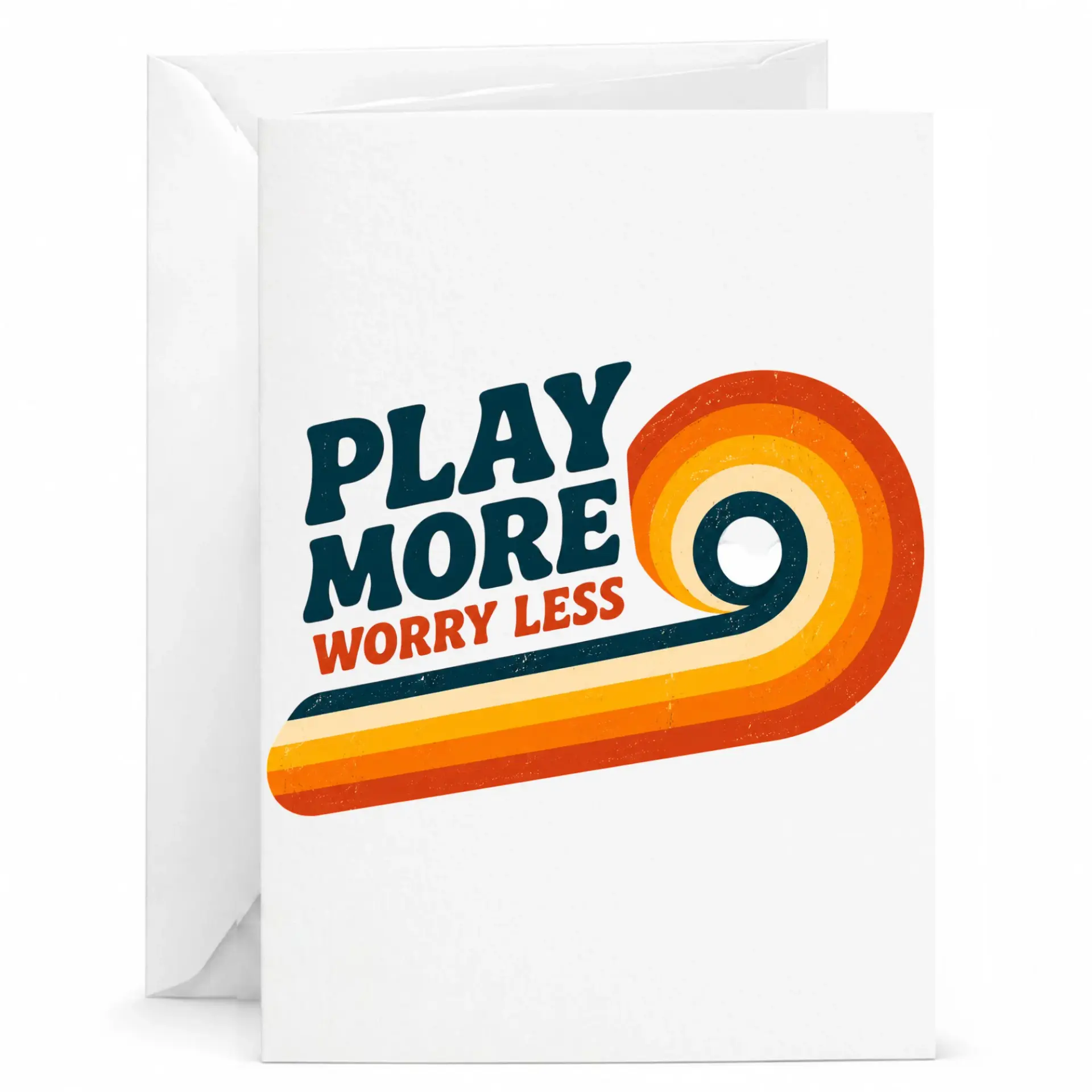 Greeting Card Play More Worry Less Inspirational Quote Design with Retro Seventies Style Orange Swirl Graphics
