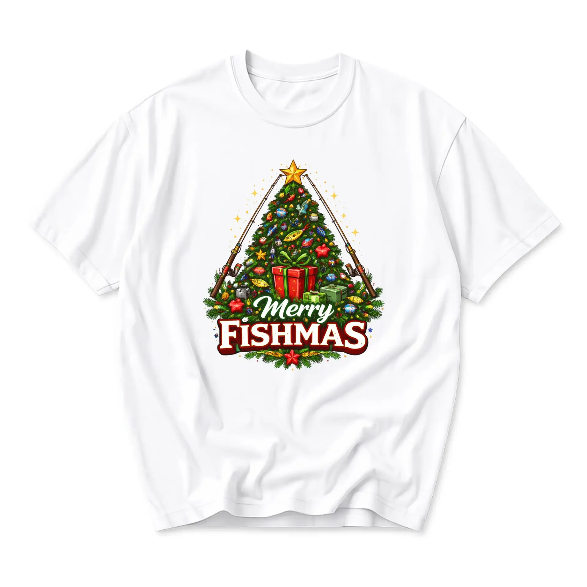 Funny Shirt Merry Fishmas Christmas Tree Fishing Graphic Unisex Crew Neck