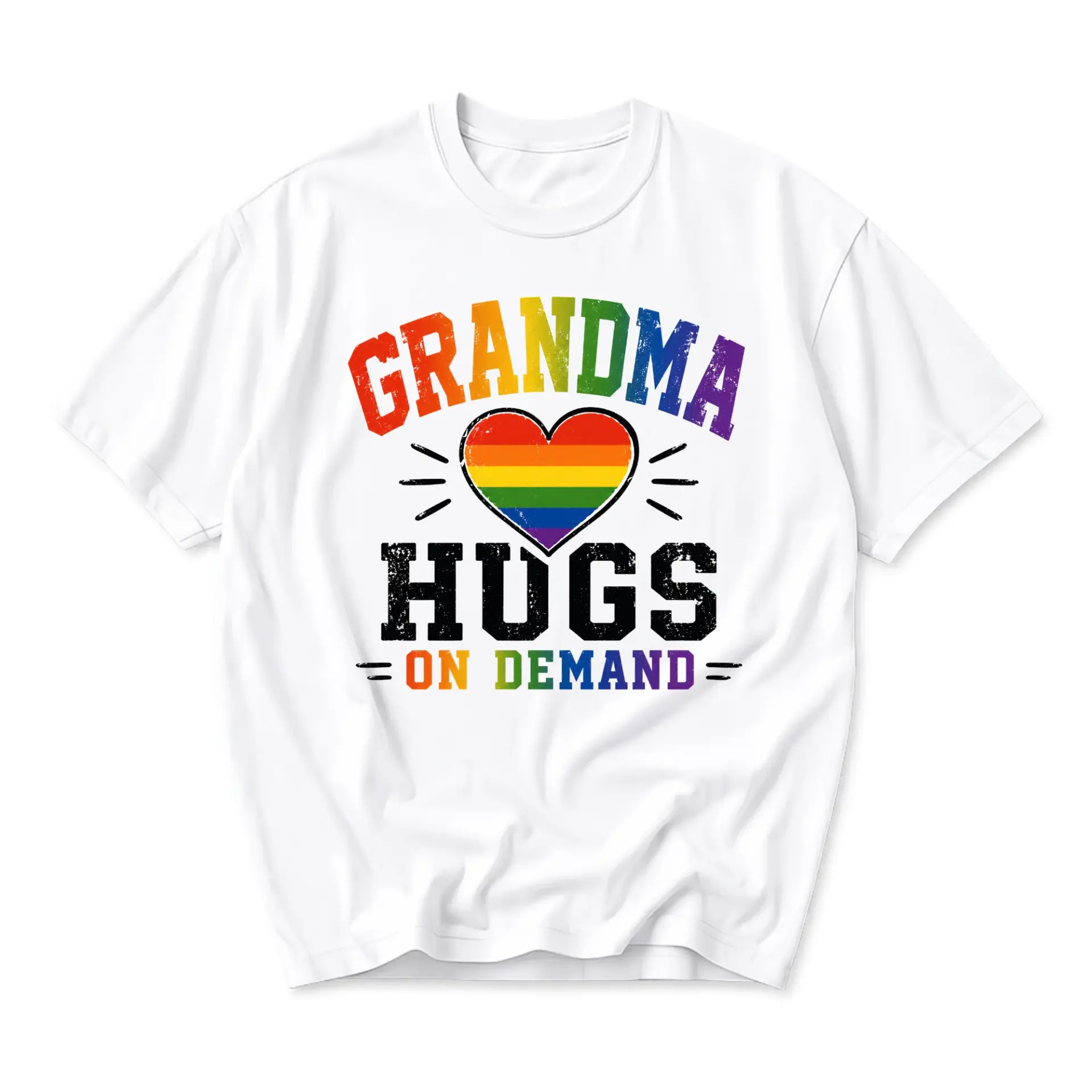 Graphic Tee Grandma Hugs on Demand Rainbow Heart Unisex Crew Neck Short