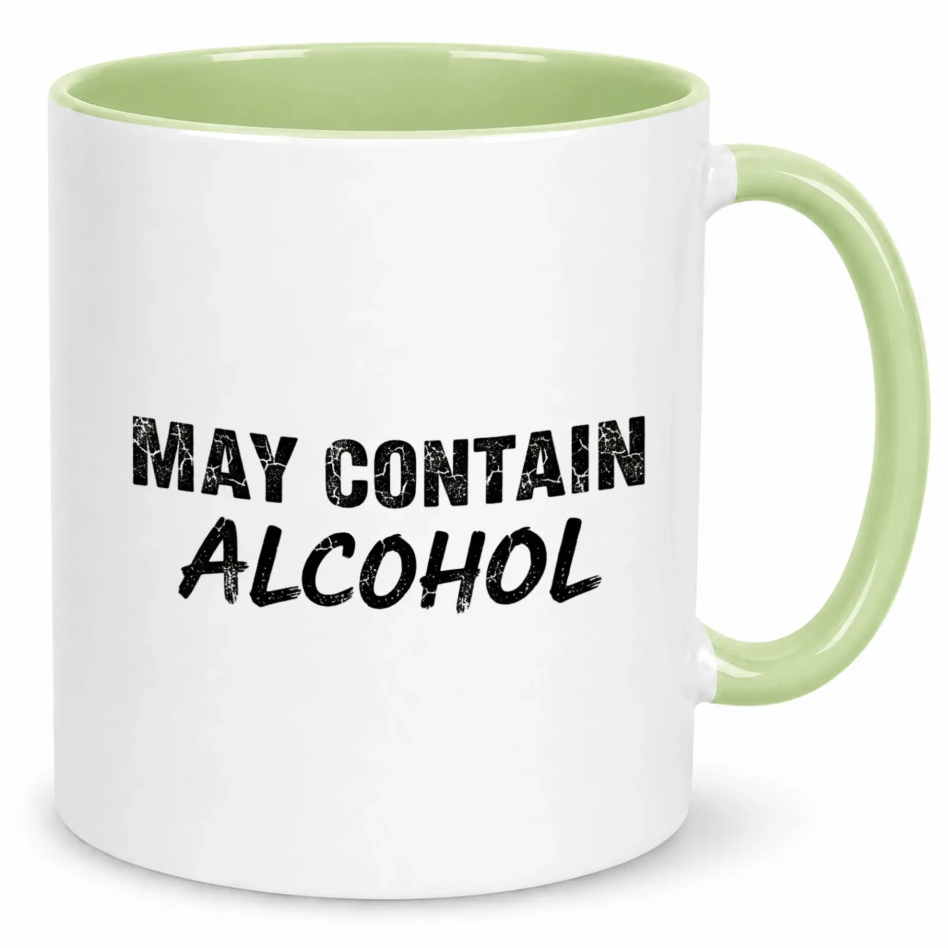 Funny Coffee Mug with Humorous "may Contain Alcohol" Quote Design, White Ceramic with Light Green Handle, 11 Oz or 15 Oz Beverage Cup
