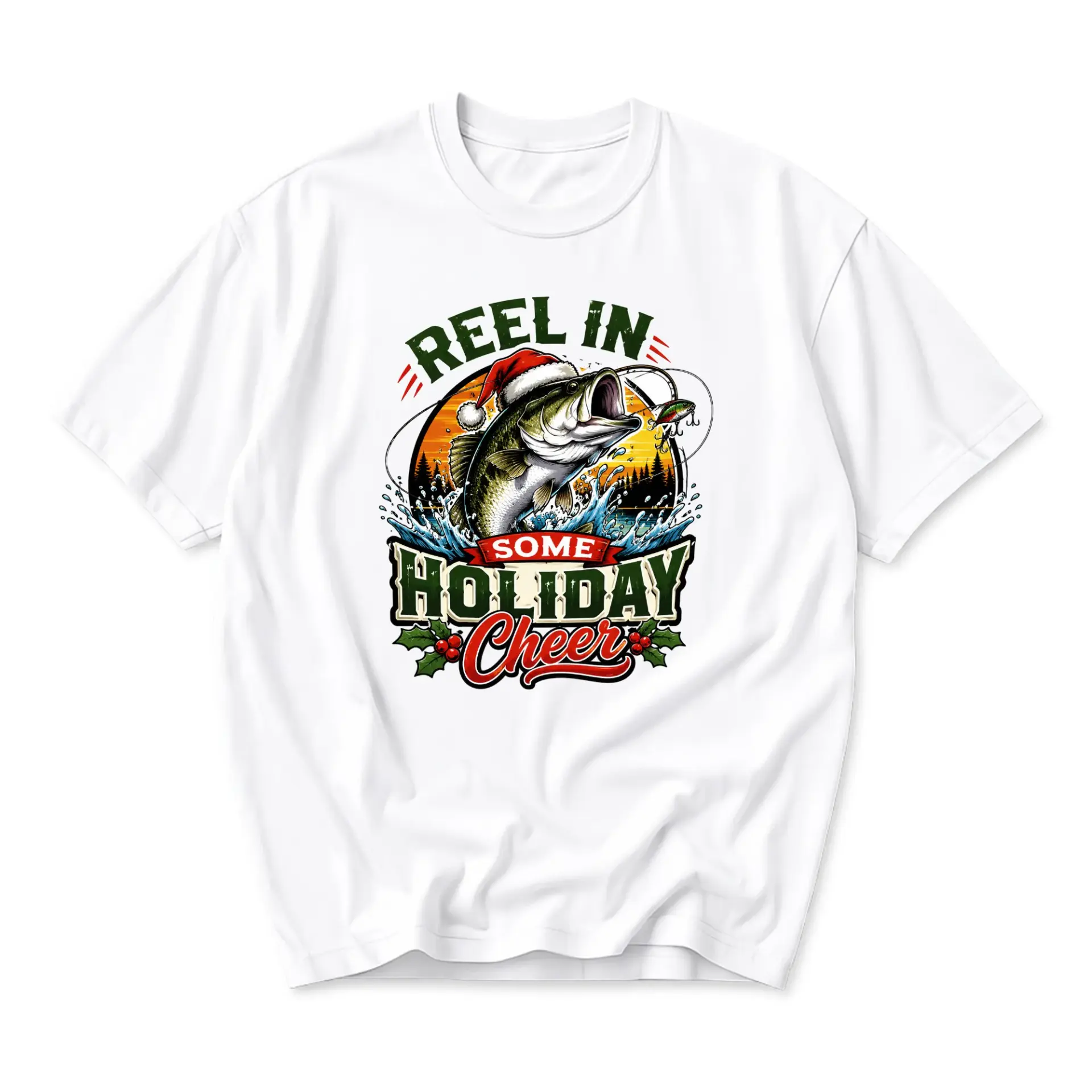 Graphic Tee Reel in Some Holiday Cheer Funny Fishing Shirt Unisex Crew Neck Short Sleeve Casual Cotton Blend Top