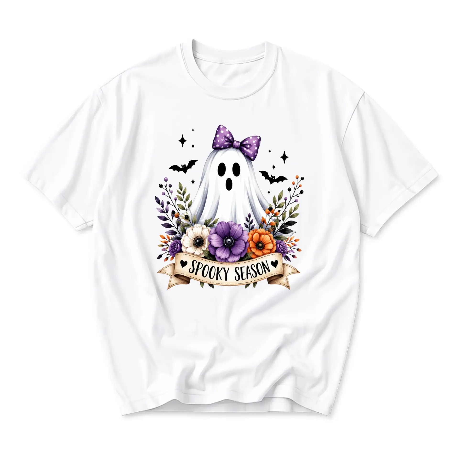 Graphic Tee Spooky Season Ghost Floral Design Unisex Crew Neck Short Sleeve Cotton Blend Casual Fall Holiday Shirt