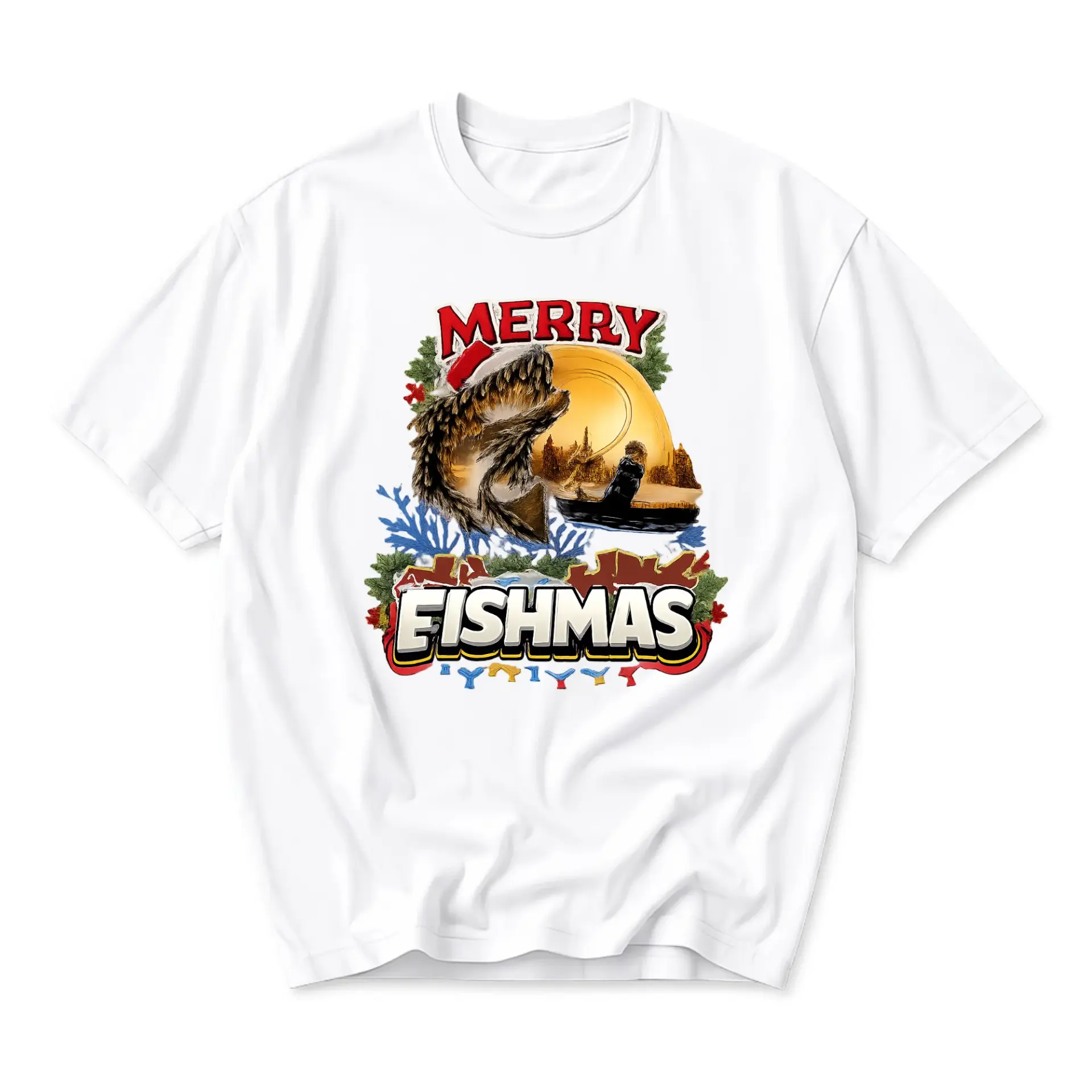 Funny Shirt Merry Fishmas Holiday Graphic Tee Unisex Cotton Crew Neck Casual Top for Fishing Lovers Seasonal Apparel
