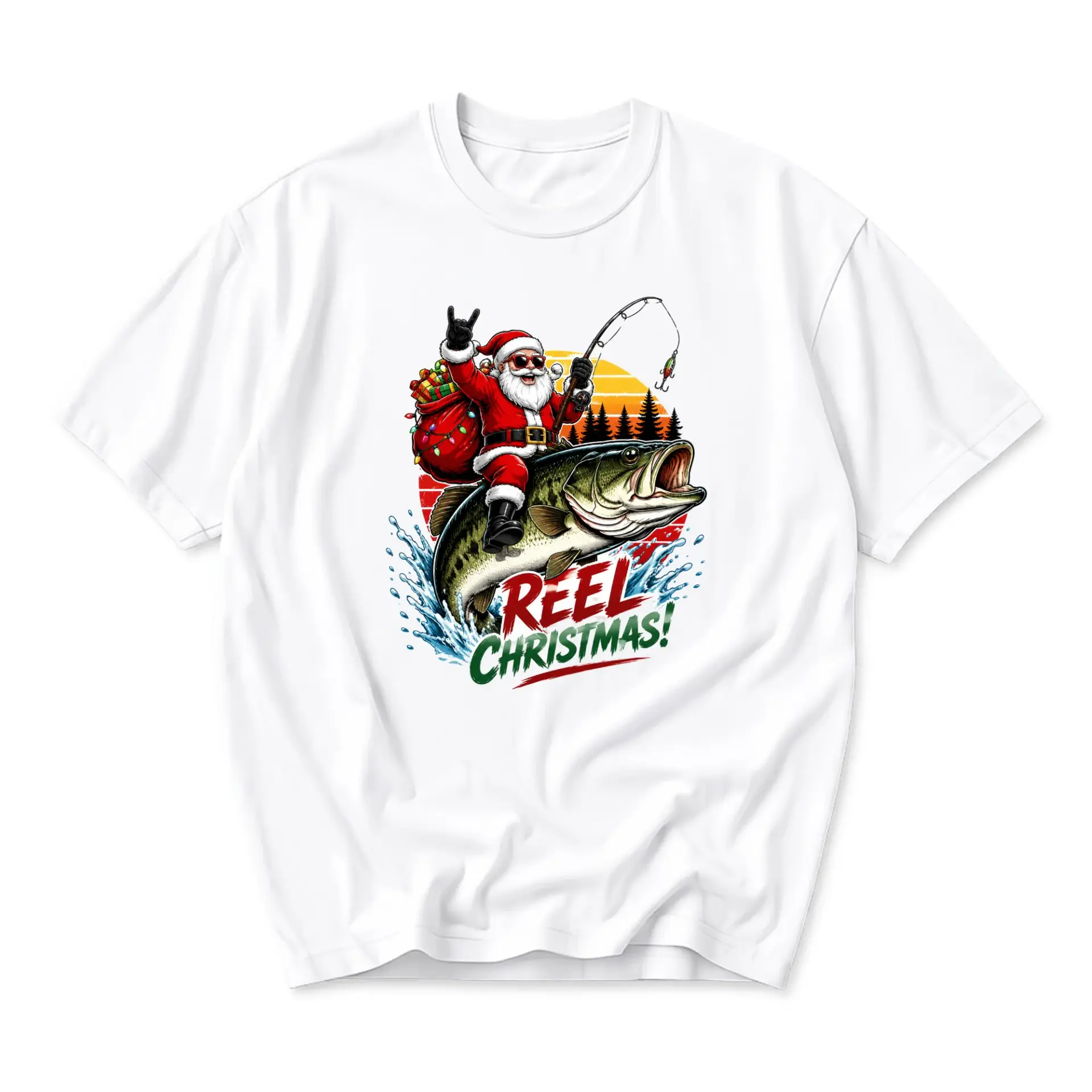 Funny Shirt Reel Christmas Fishing Santa Graphic Tee Unisex Casual Apparel
