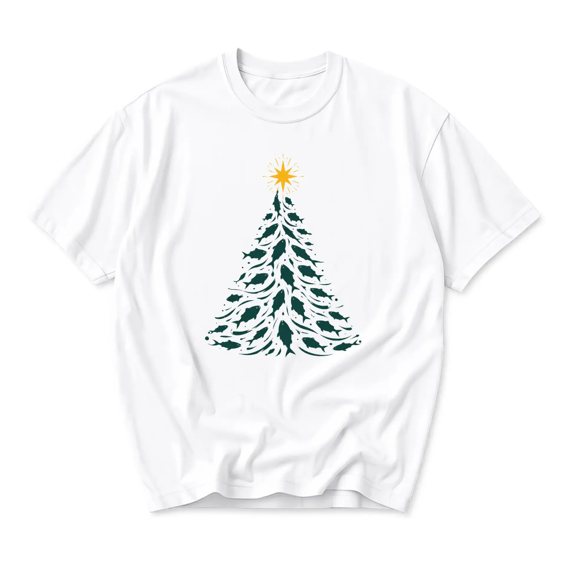 Graphic Tee Unisex Crew Neck Short Sleeve Shirt Featuring Artistic Christmas Tree Made of Fish Illustration Print