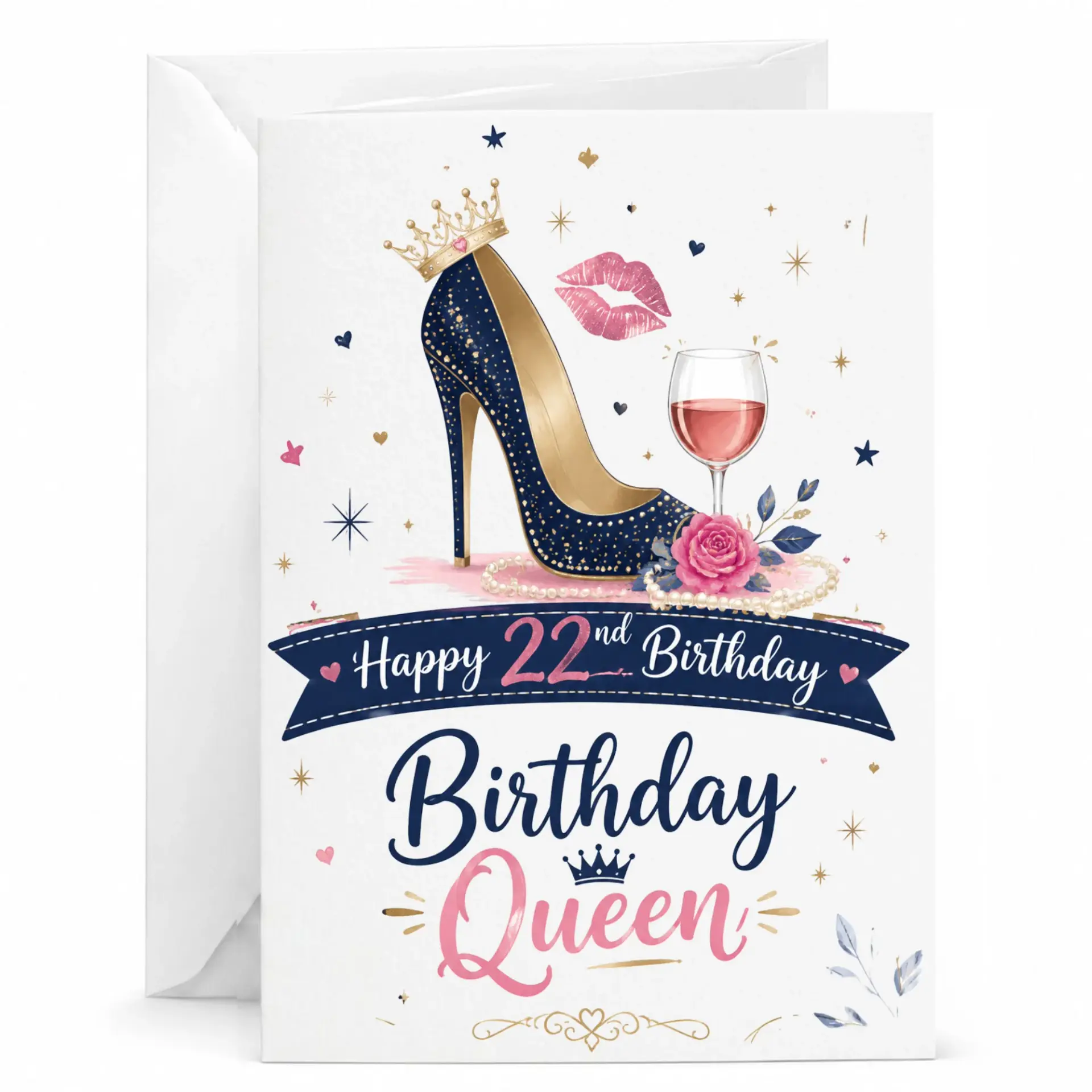 Birthday Card Happy 22nd Birthday Queen Greeting Card with Glamorous High Heel and Wine Illustration for Her