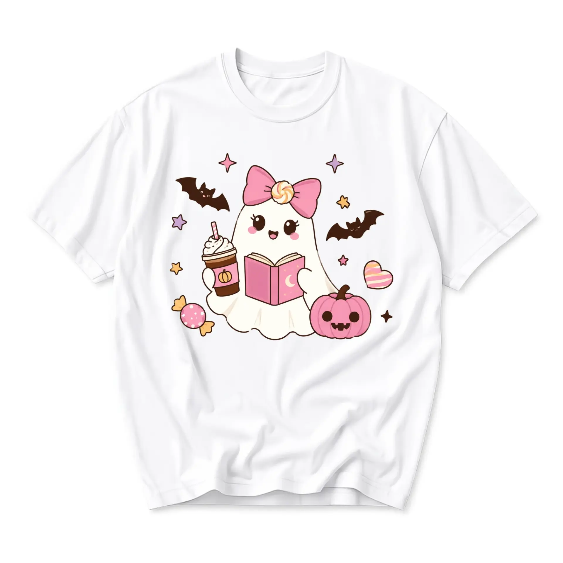 T-shirt Cute Ghost Graphic Tee Kawaii Fall Season Aesthetic Shirt for Women and Men Casual Daily Wear White Cotton Top