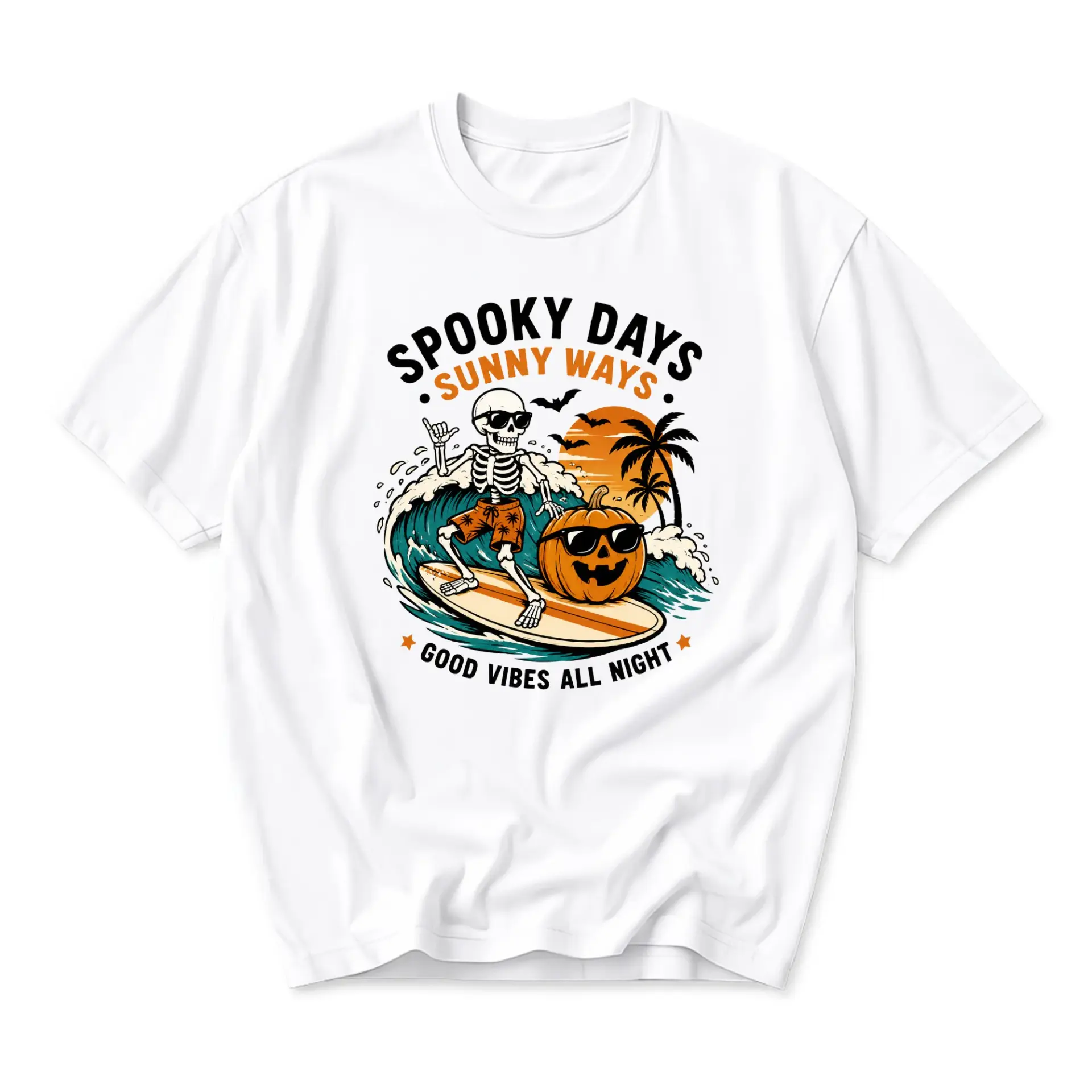 Graphic Tee Unisex Crew-Neck T-Shirt Spooky Days Sunny Ways Surfing Skeleton Halloween Beach Summer Cotton Top