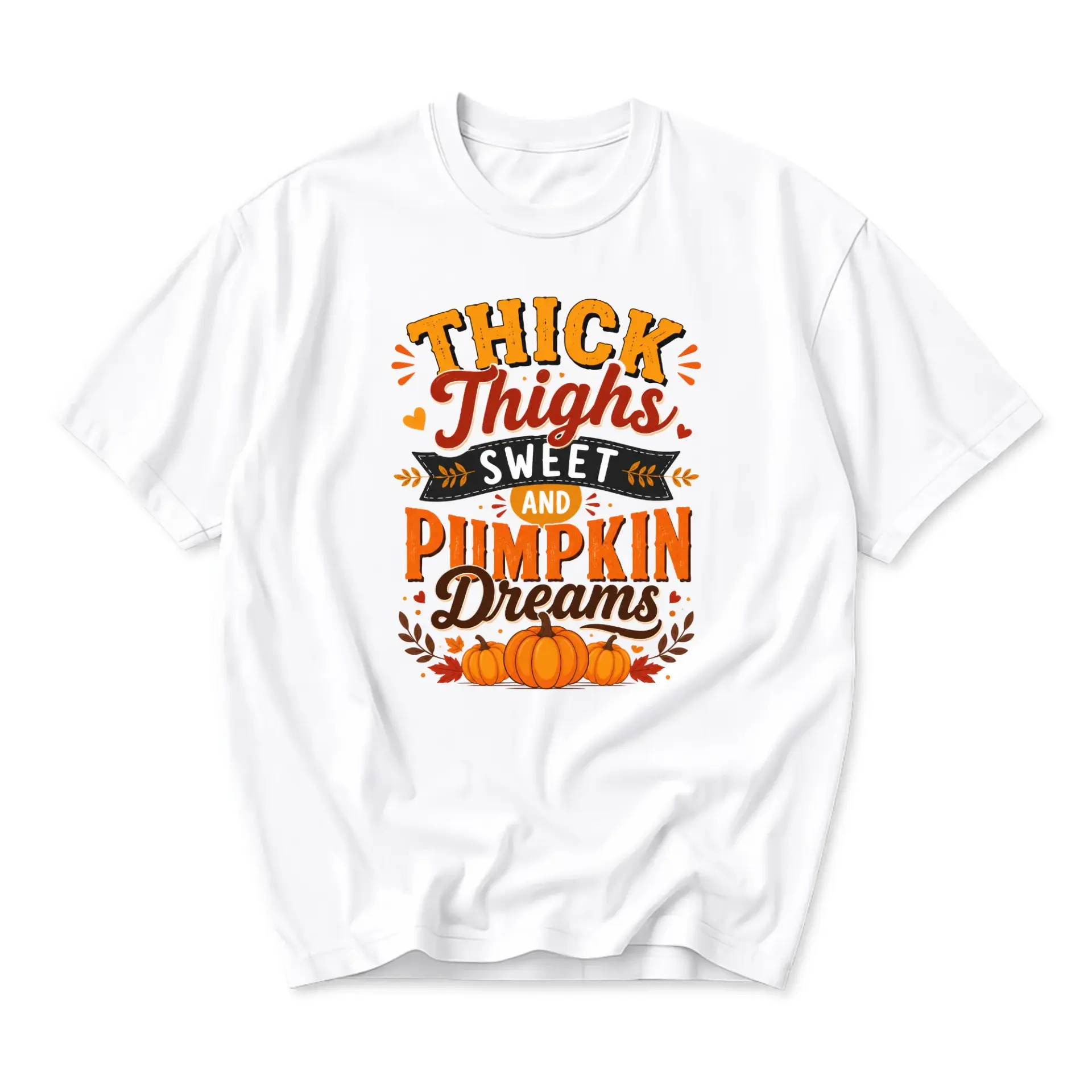 Funny Shirt Thick Thighs Sweet and Pumpkin Dreams Graphic Tee Unisex Crew Neck Autumn Seasonal Fall Themed Casual Top