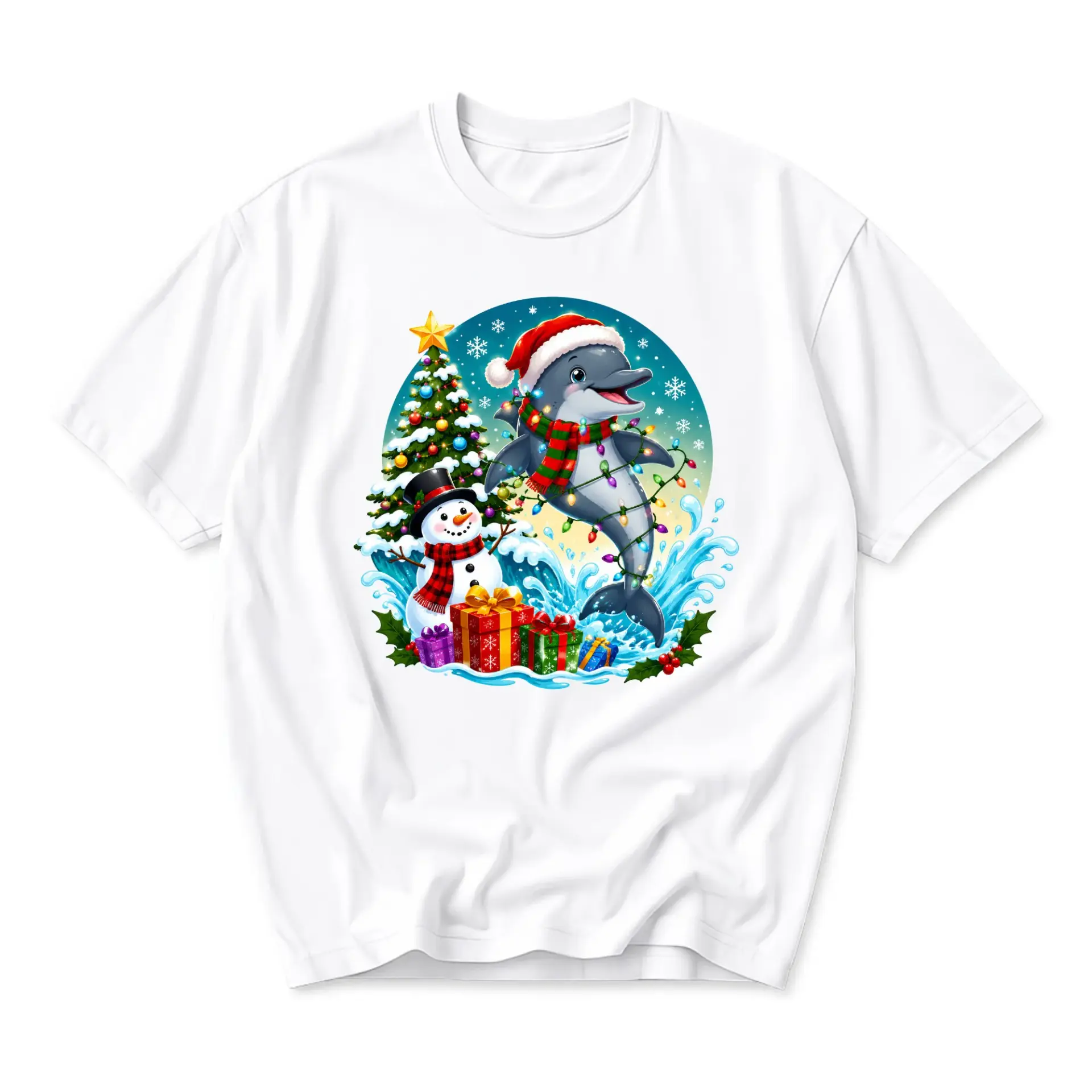 T-shirt Unisex Holiday Graphic Tee Christmas Dolphin Wearing Santa Hat with