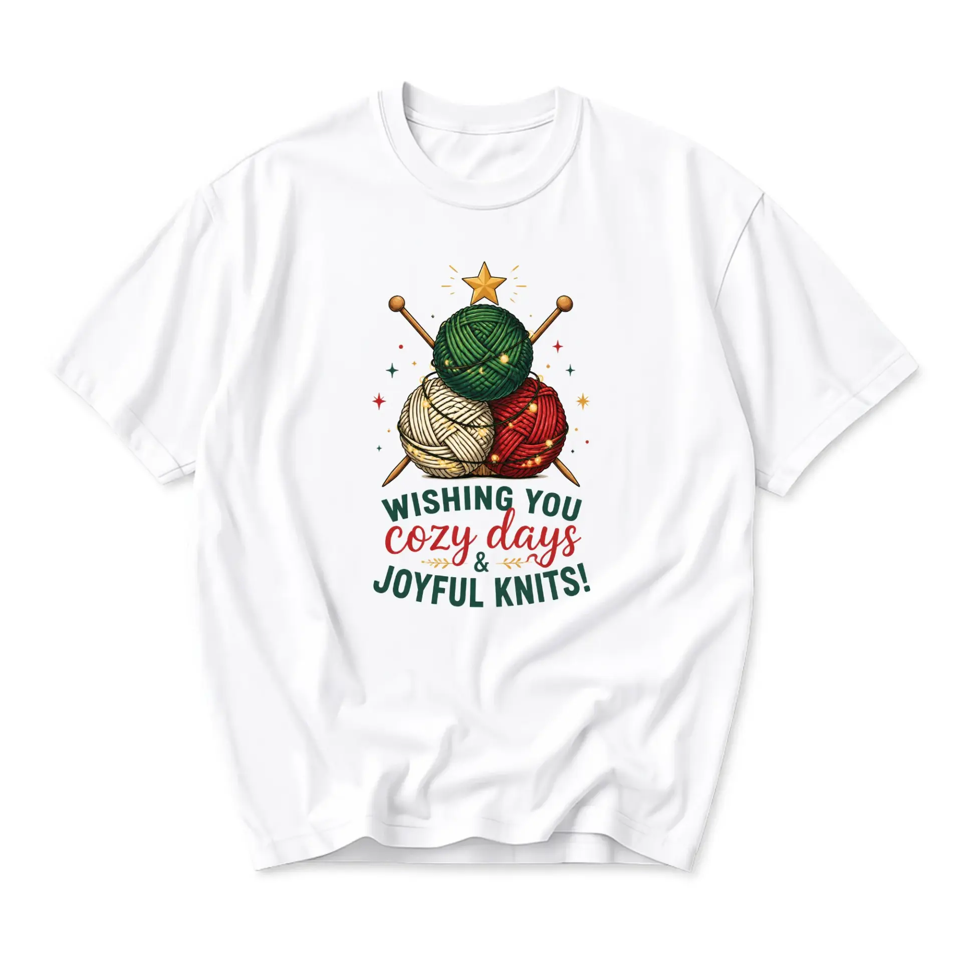 Graphic Tee Wishing You Cozy Days and Joyful Knits Festive Yarn and Knitting Needles Print Unisex Crew Neck Shirt