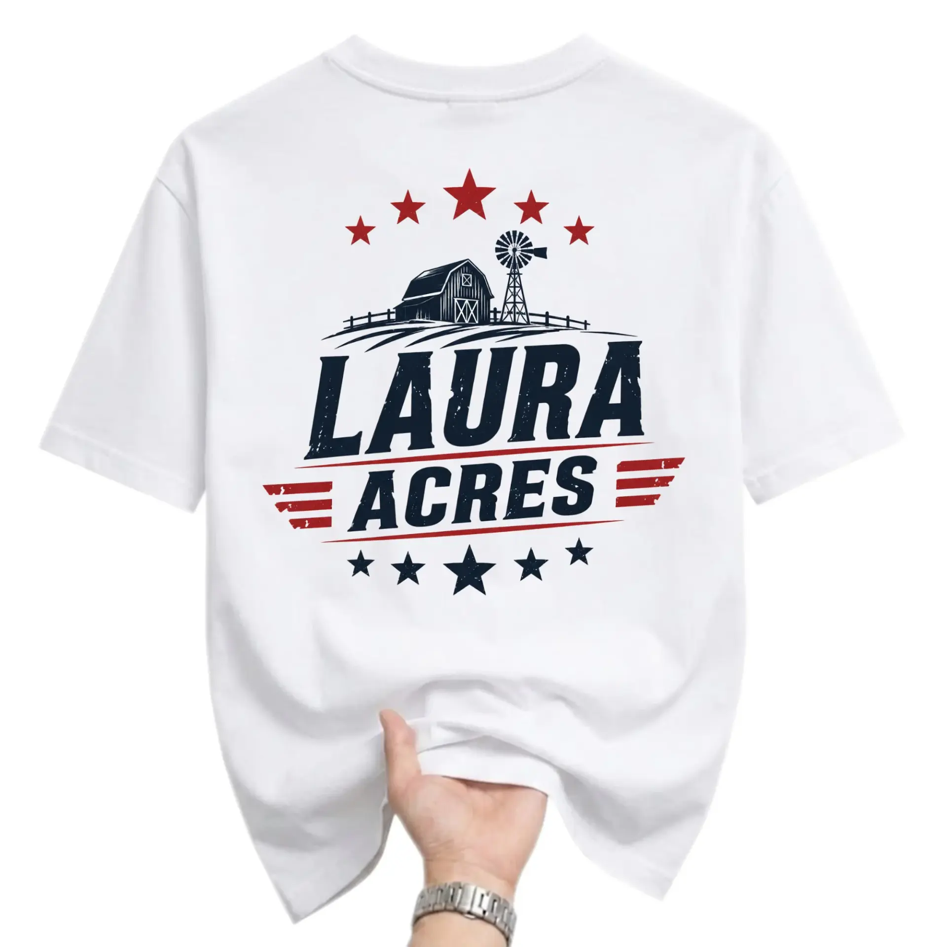 T-shirt Laura Acres Graphic Tee Patriotic Farmhouse Barn Windmill Print Casual Unisex Crew Neck Apparel White