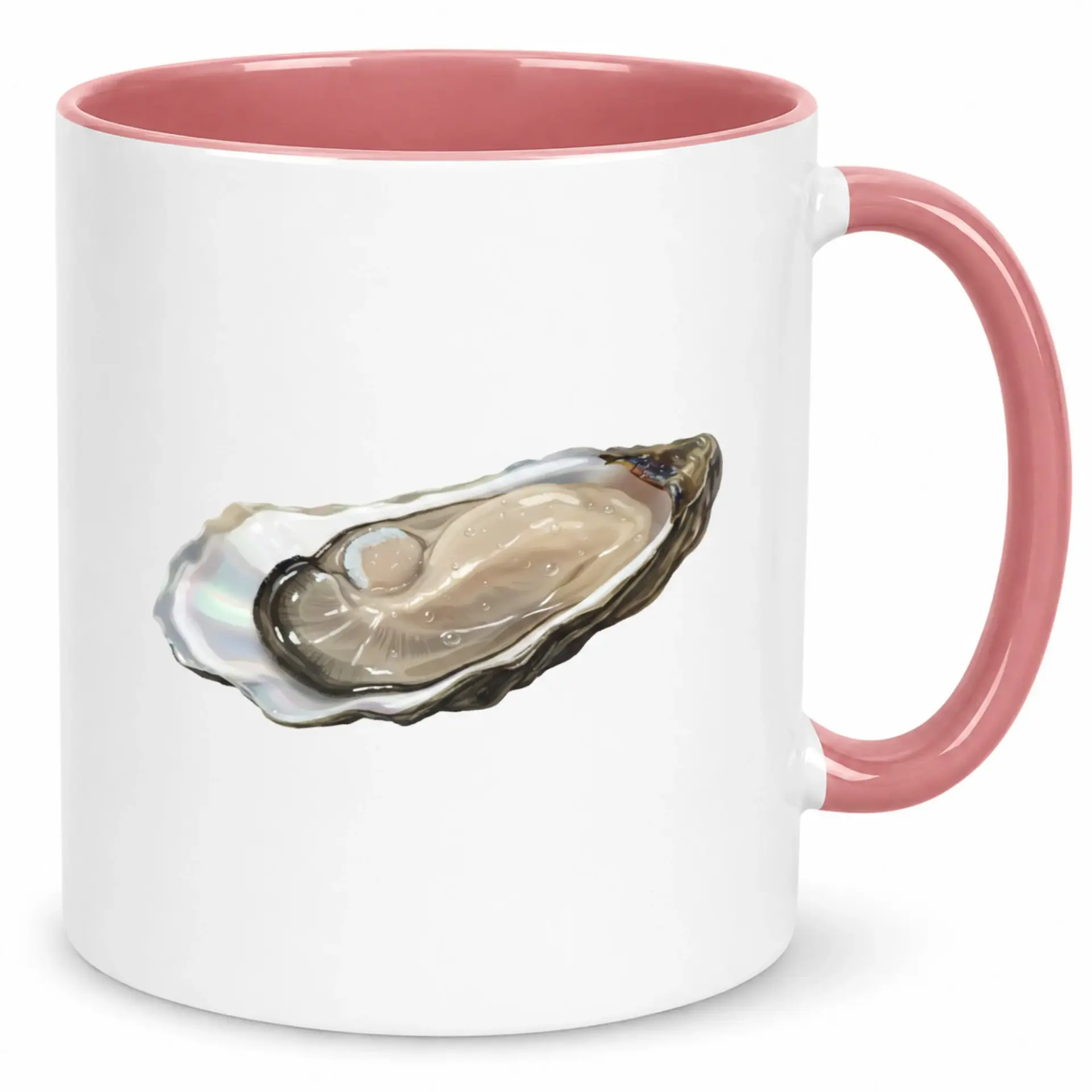 White Ceramic Coffee Mug with Realistic Oyster Design and Pink Accent Handle, 11oz or 15oz Beverage Cup for Kitchen Decor