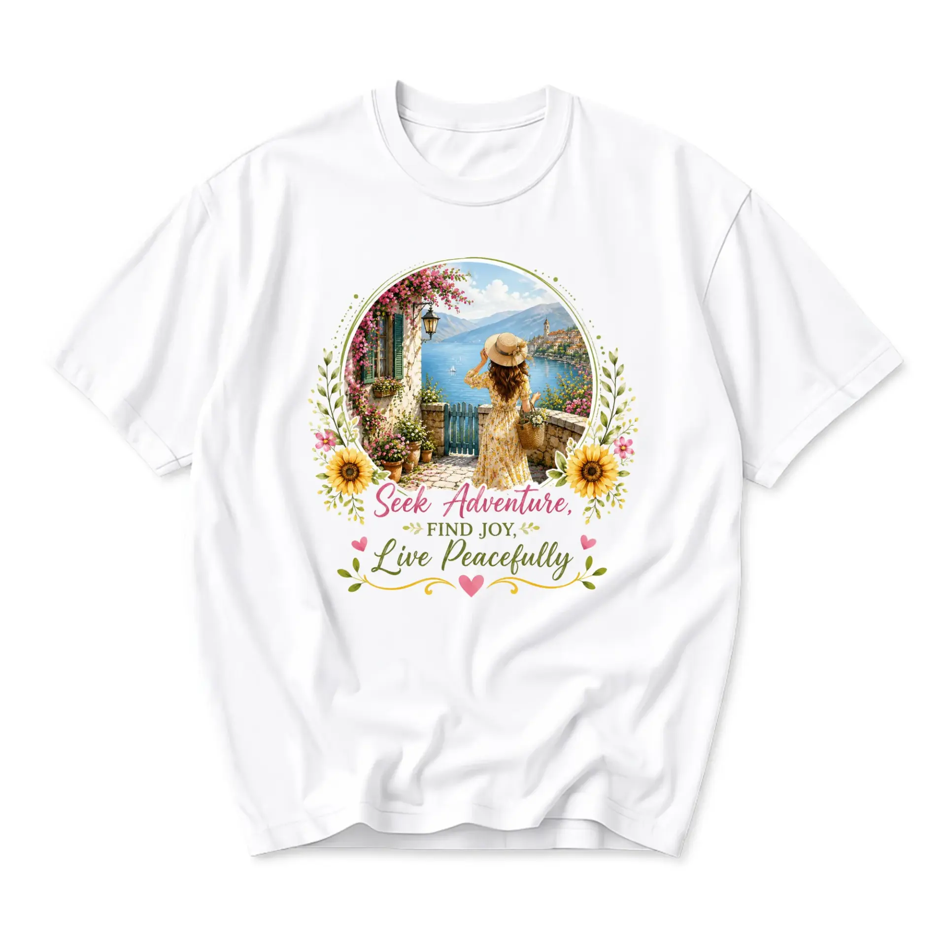 Graphic Tee Seek Adventure Find Joy Live Peacefully Floral Landscape Unisex Crew Neck Casual Cotton Shirt White