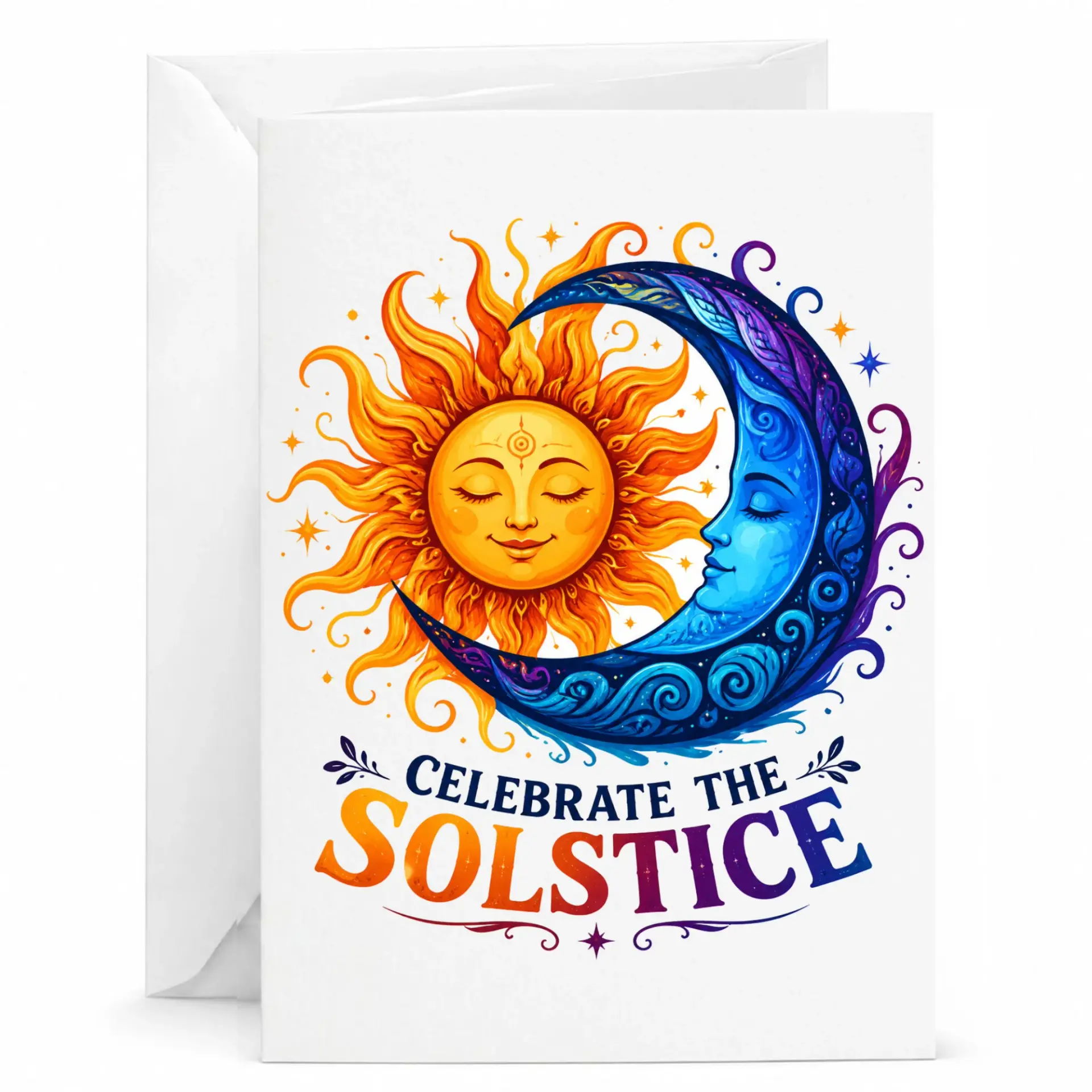 Celebrate the Solstice Greeting Card Celestial Sun and Moon Art for Seasonal Occasions and Meaningful Handwritten Notes