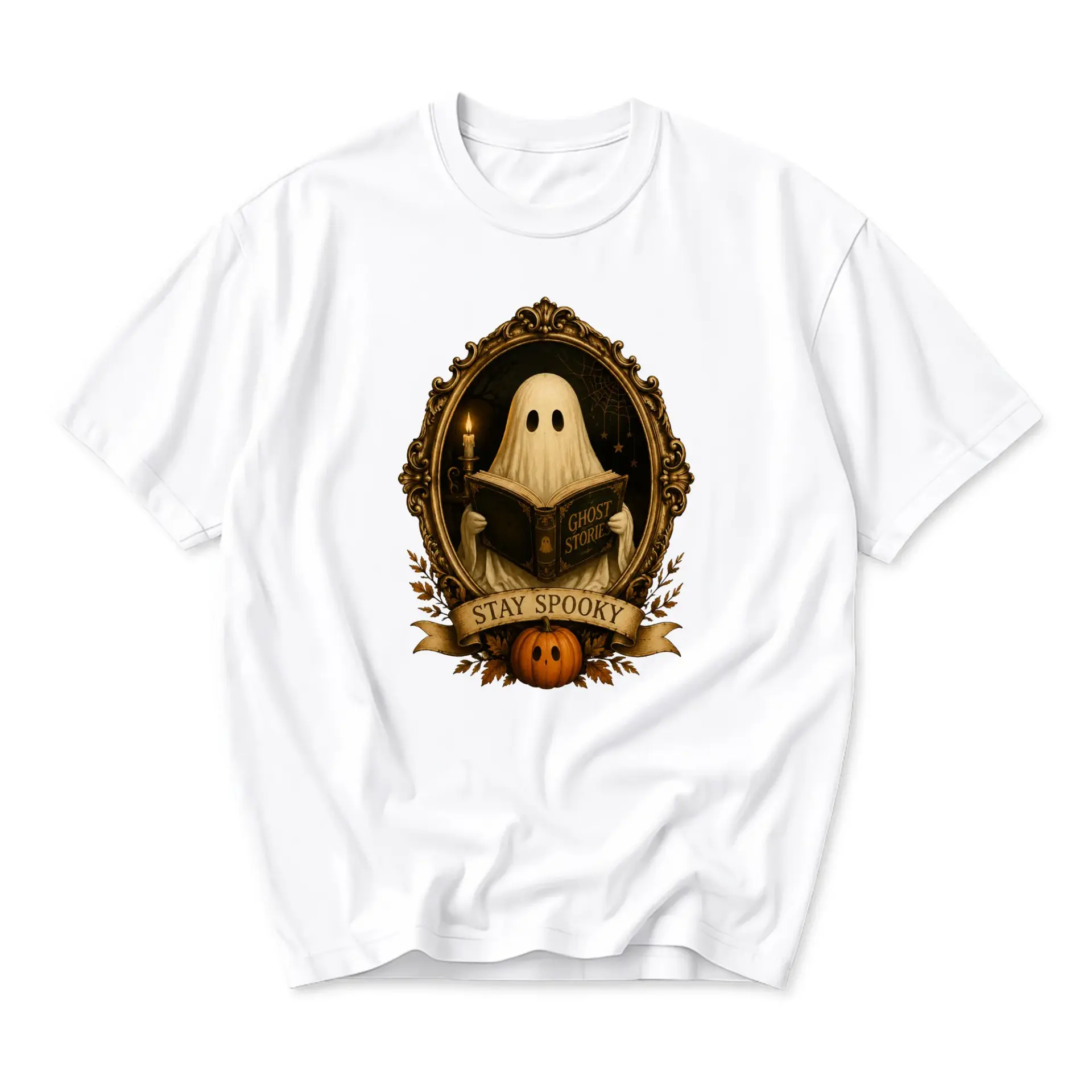 Graphic Tee Unisex Crew Neck T-Shirt Featuring a Ghost Reading a Book in an Ornate Vintage Mirror Frame Design