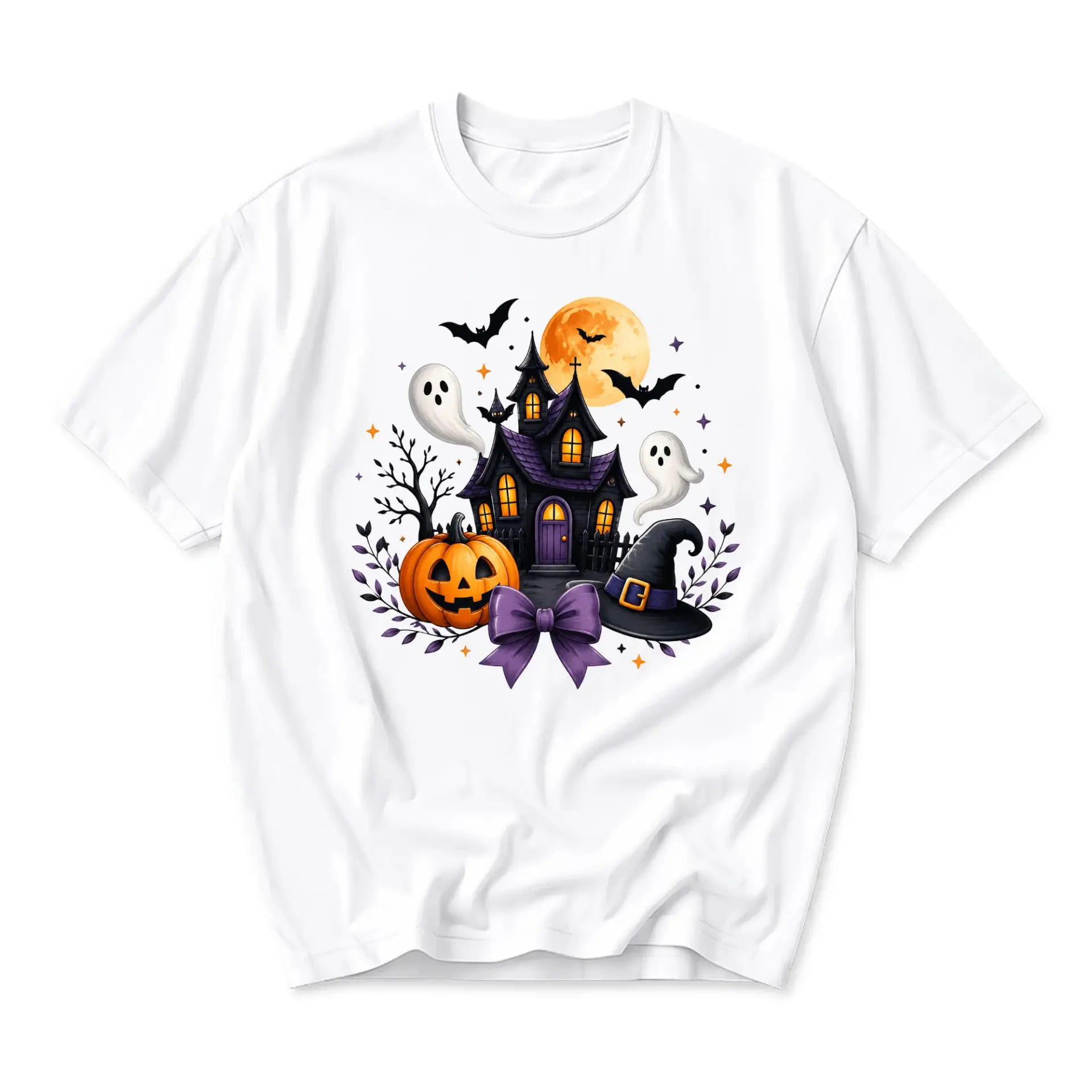Graphic Tee Haunted House Halloween Shirt Spooky Pumpkins Ghosts Witch Hat Unisex Crew Neck Casual Fall Top White