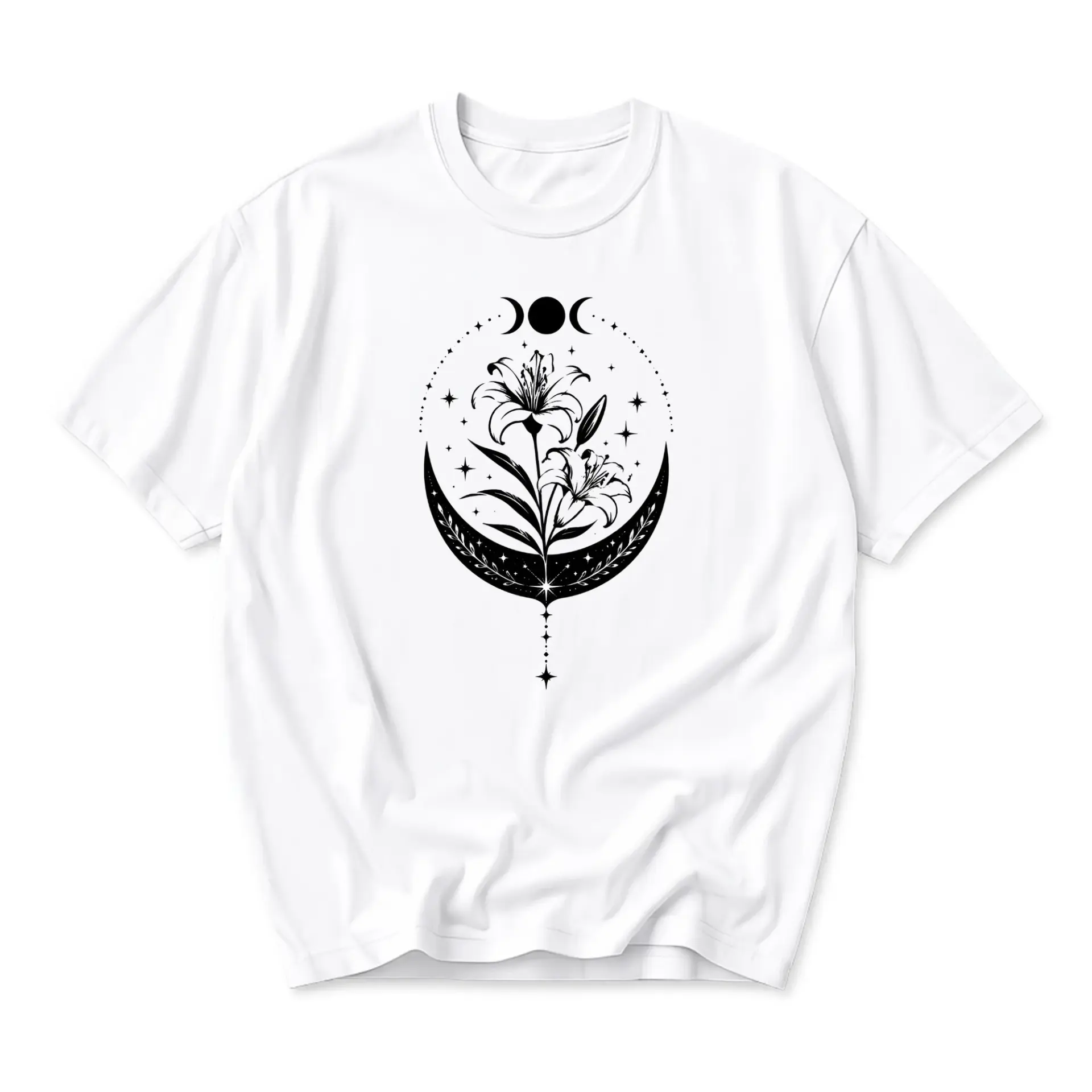Graphic Tee Celestial Lily Flower Moon Art Print Unisex Casual Crew Neck Comfortable Cotton Blend Short Sleeve Shirt