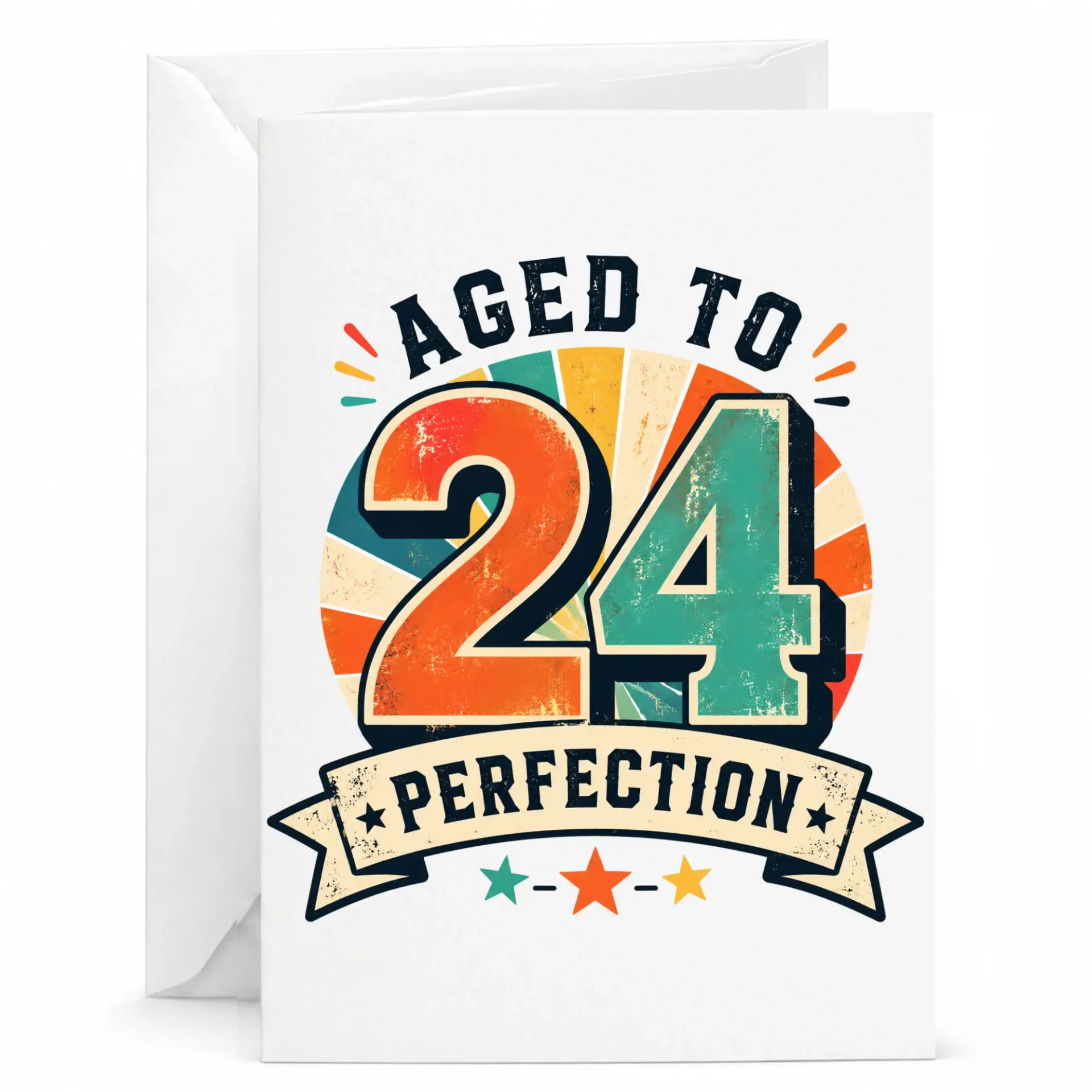 Birthday Card Aged to 24 Perfection Vintage Style Retro Sunburst Design Folded Stationery for Milestone Celebration