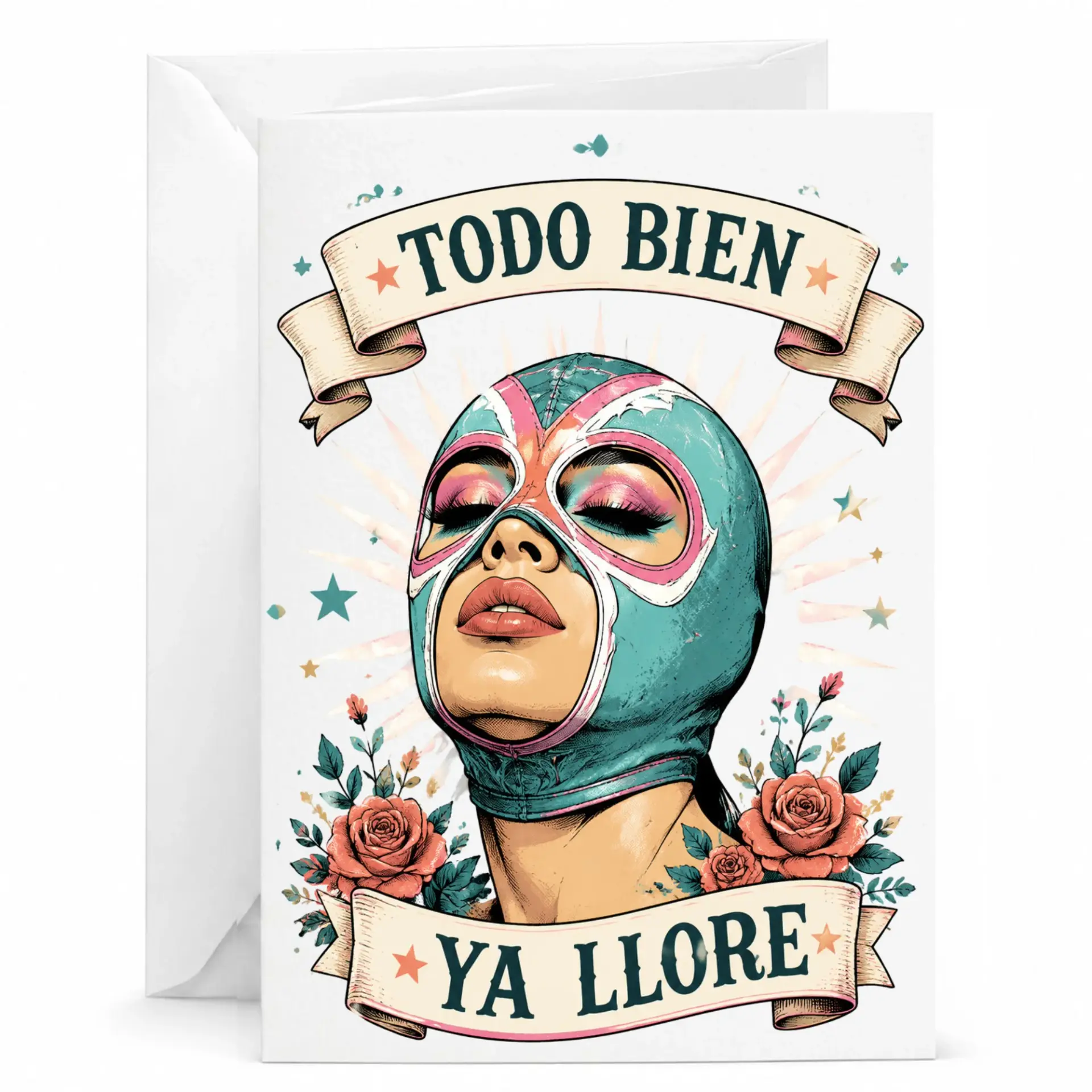 Funny Luchador Greeting Card Todo Bien Ya Llore Design Professional Matte Finish Stationery for Friends and Family