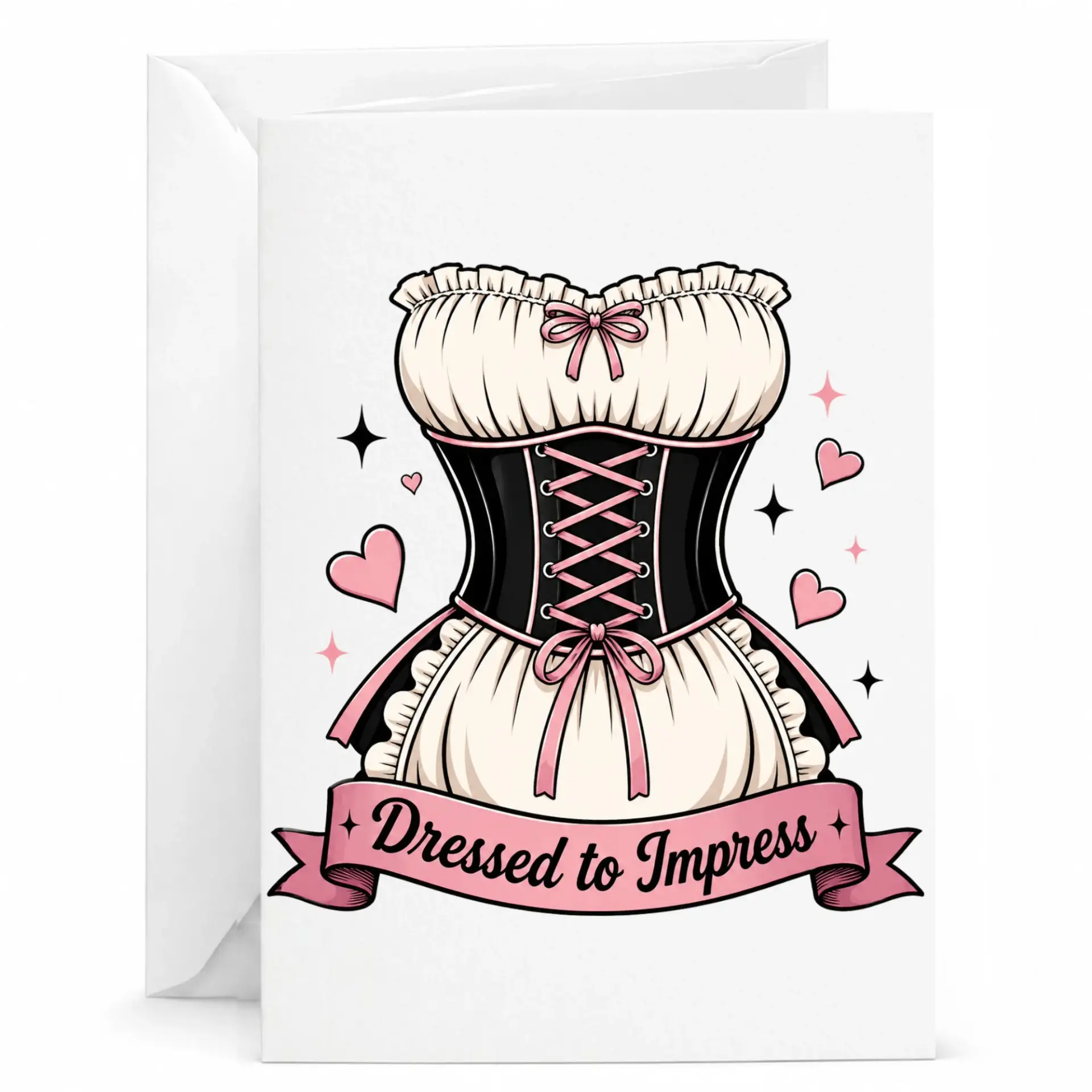 Funny Dressed to Impress Greeting Card with Corset Illustration for Birthdays Anniversaries and Special Occasions