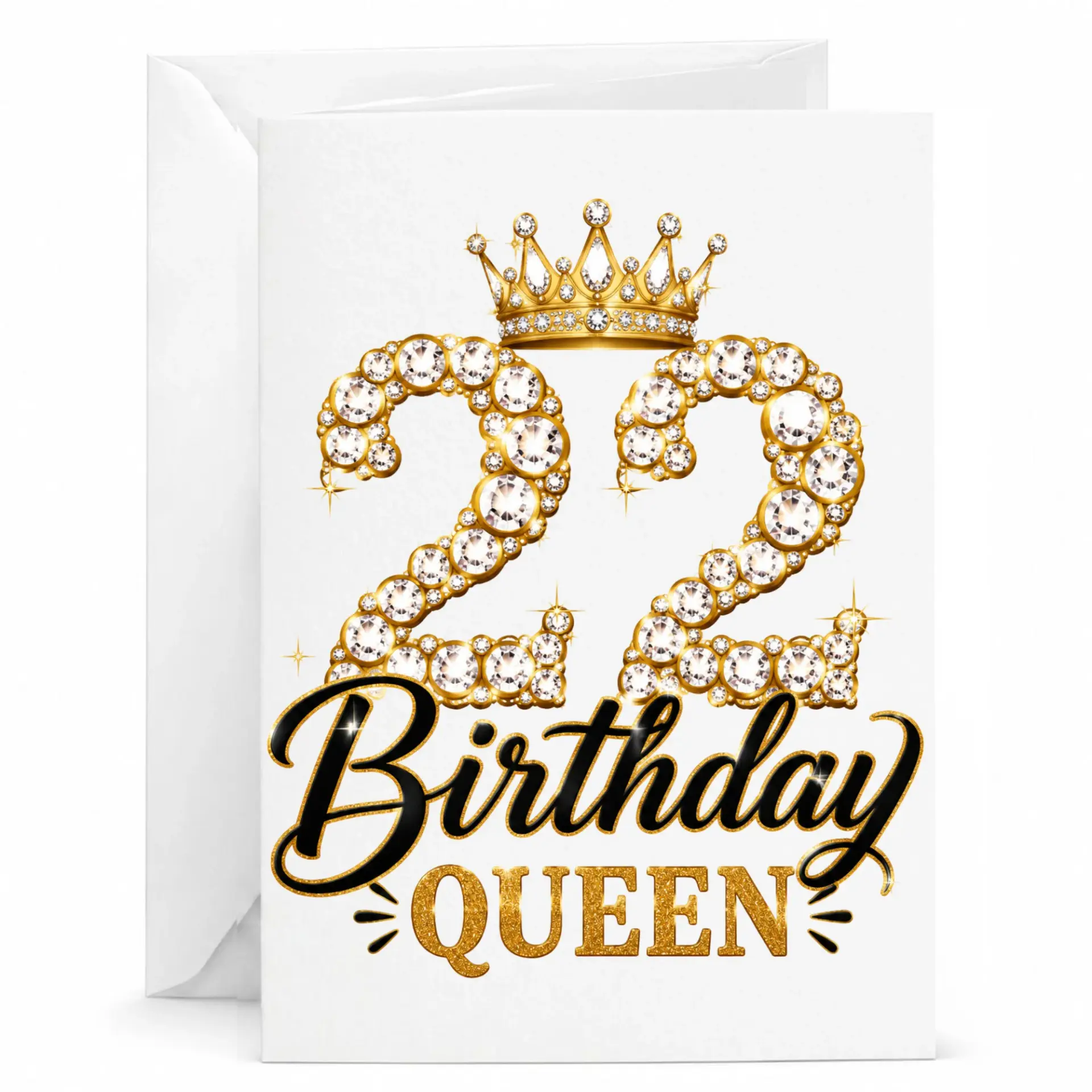 Birthday Card 22nd Birthday Queen Gold Crown and Diamond Number Design Elegant Stationery for Milestone Celebration