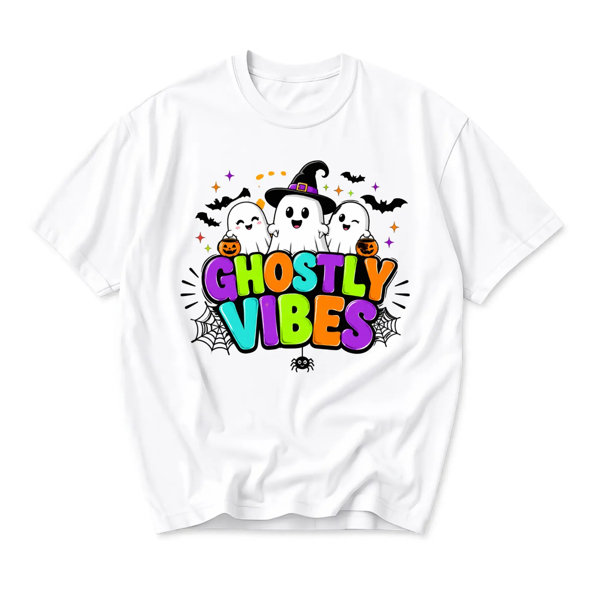 Graphic Tee Ghostly Vibes Halloween Shirt Cute Spooky Ghosts Unisex Crew Neck Cotton Blend Casual Holiday Top