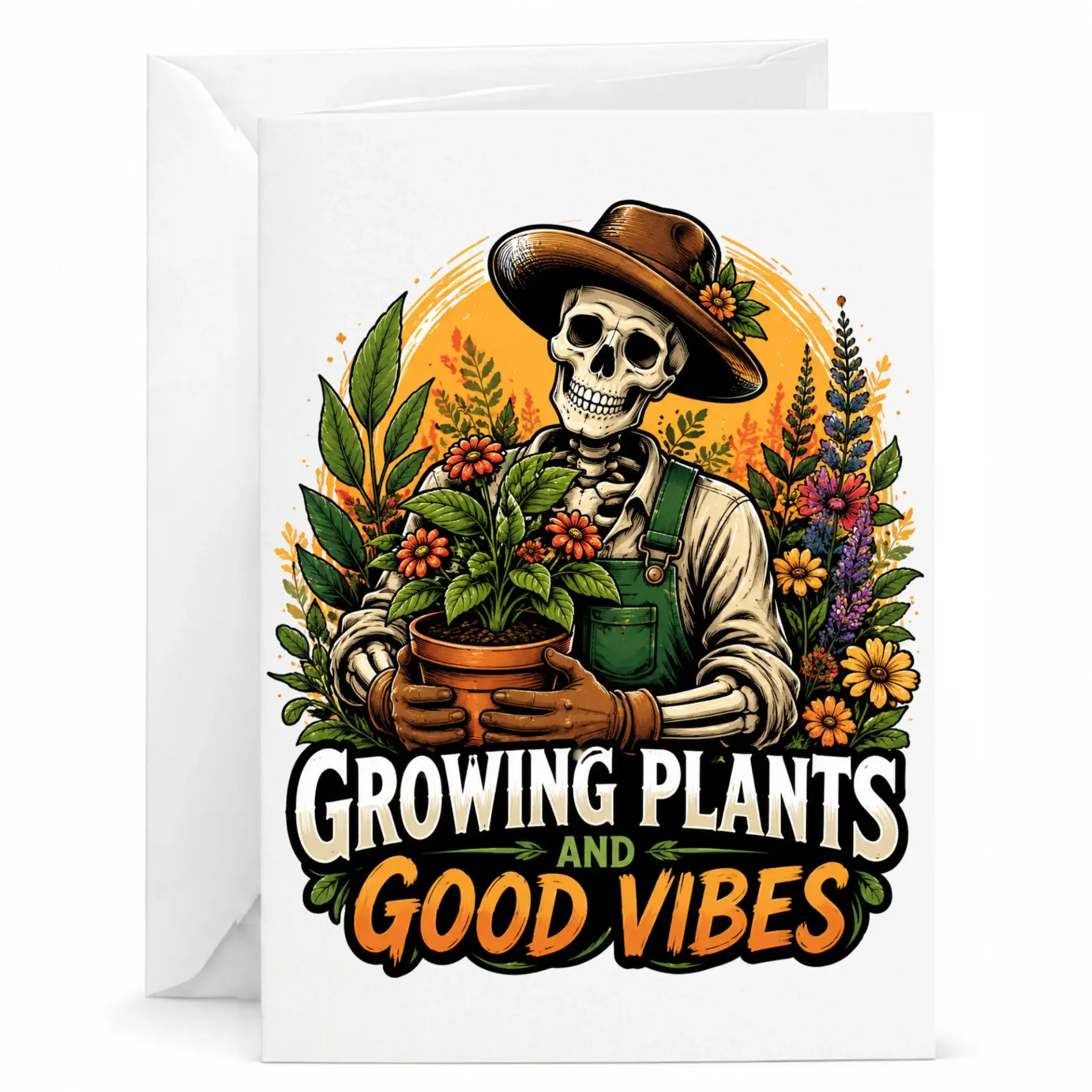 Funny Gardener Greeting Card with Skeleton Holding Potted Flowers Plants and Illustration