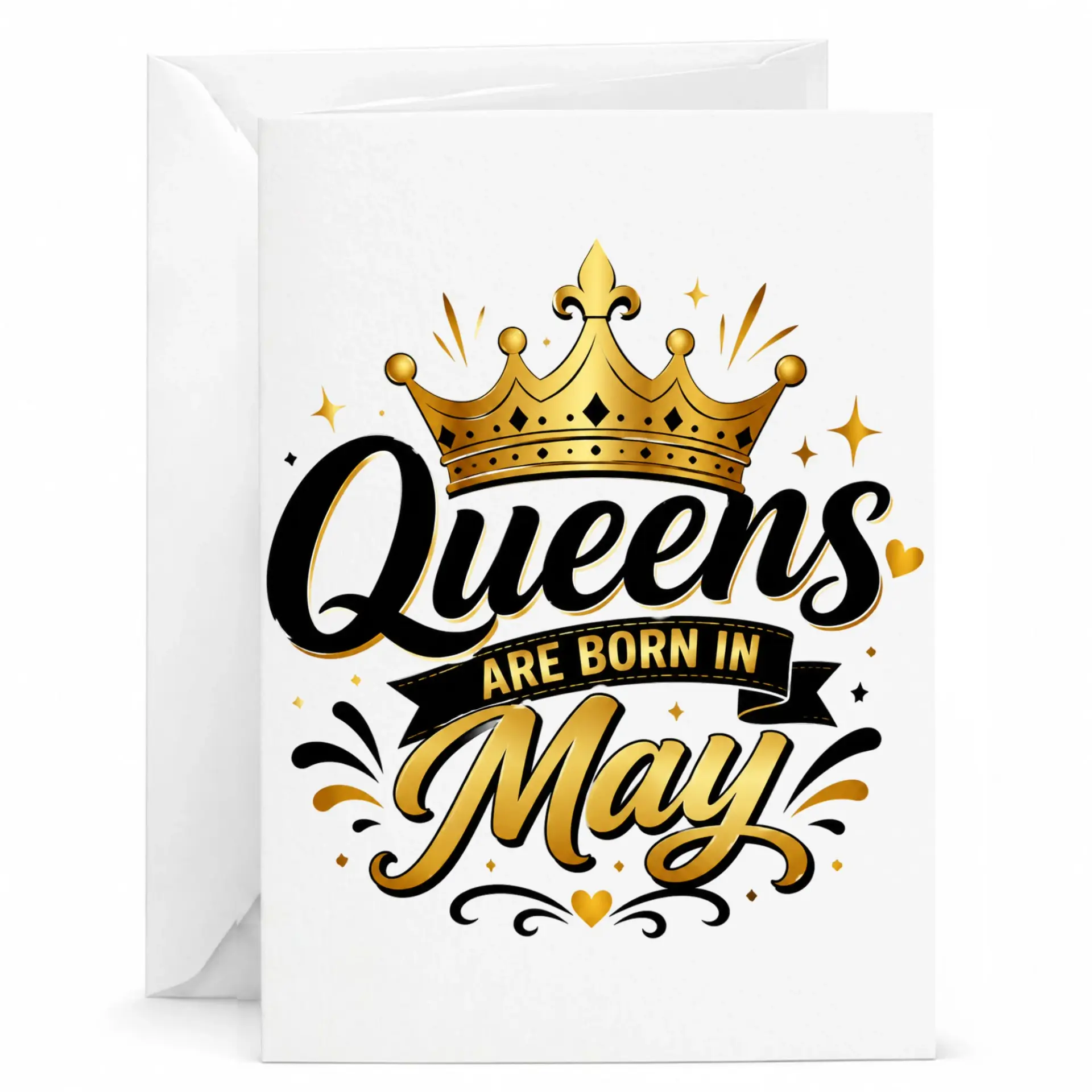 Greeting Card Queens Are Born in May Birthday Celebration Stationery for Her with Elegant Gold Crown Design Graphic