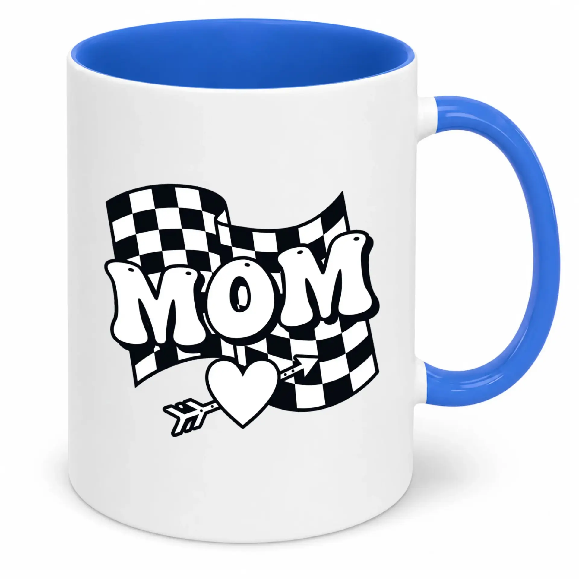 Coffee Mug for Mom with Checkered Flag Heart Design Cute Racing Style Mother's Day Gift 11oz or 15oz Ceramic Drinkware Hot Beverages